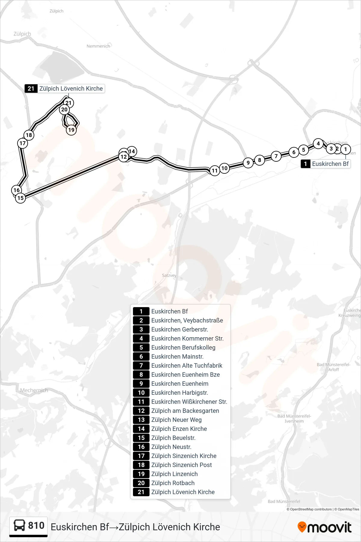 Linie 810 (Bus) Richtung Euskirchen Bf→Zülpich Lövenich Kirche: Route und Haltestellen auf der Karte