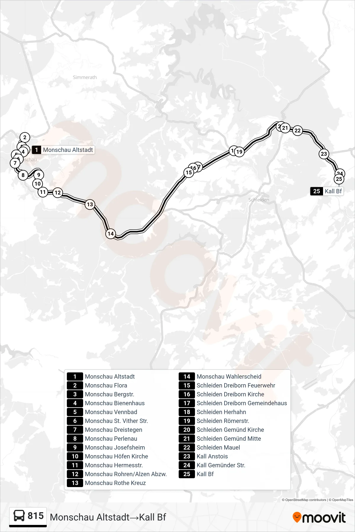Linie 815 (Bus) Richtung Monschau Altstadt→Kall Bf: Route und Haltestellen auf der Karte