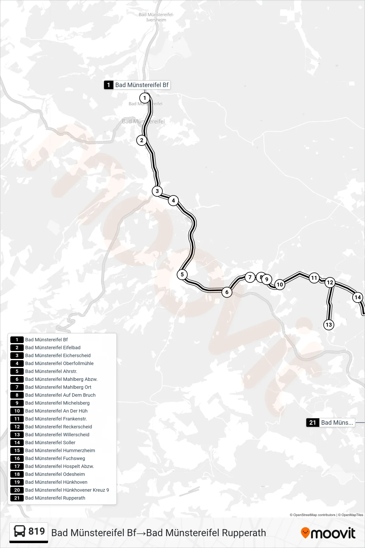 Linie 819 (Bus) Richtung Bad Münstereifel Bf‎→Bad Münstereifel Rupperath: Route und Haltestellen auf der Karte