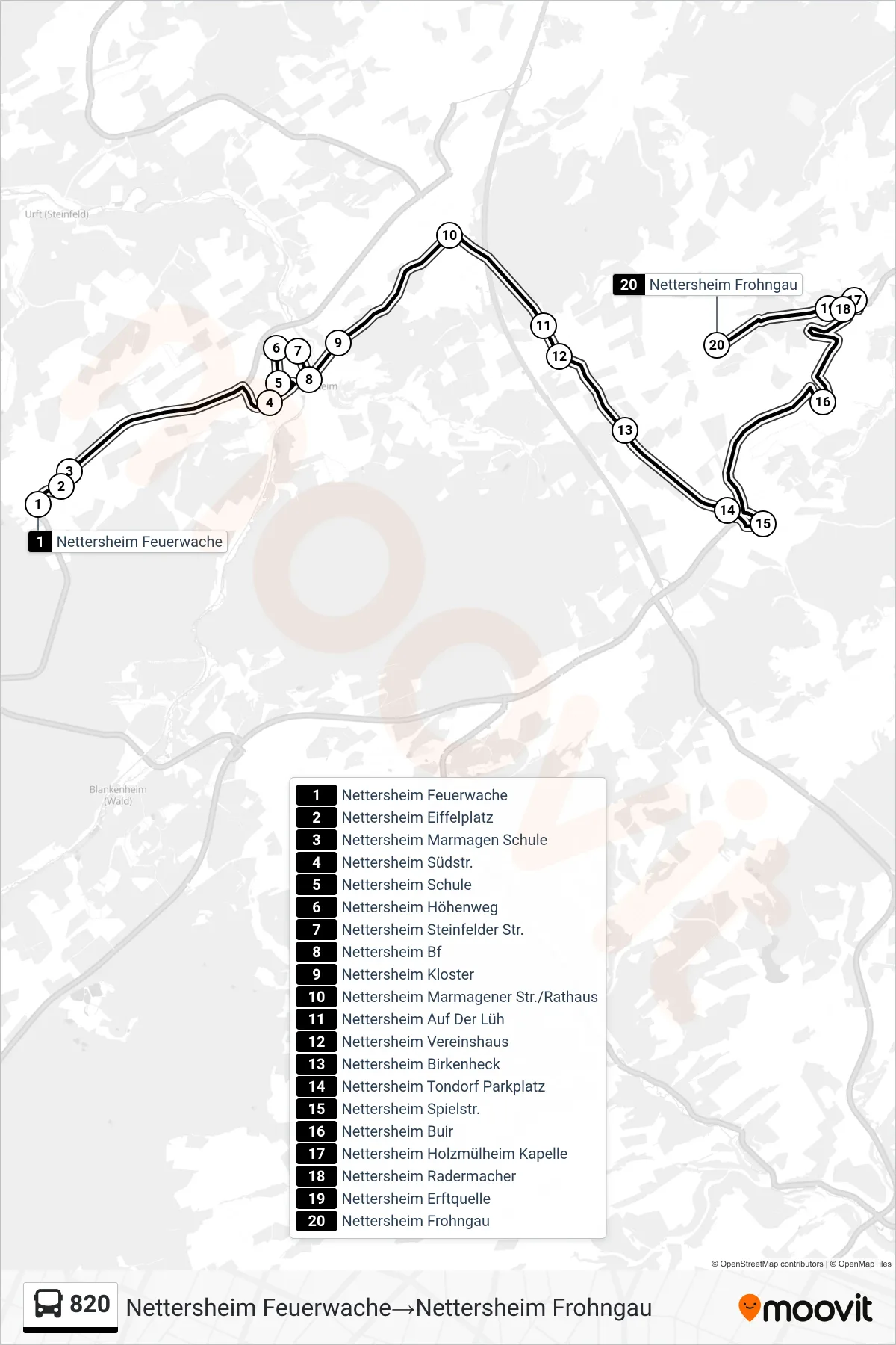 Linie 820 (Bus) Richtung Nettersheim Feuerwache‎→Nettersheim Frohngau: Route und Haltestellen auf der Karte