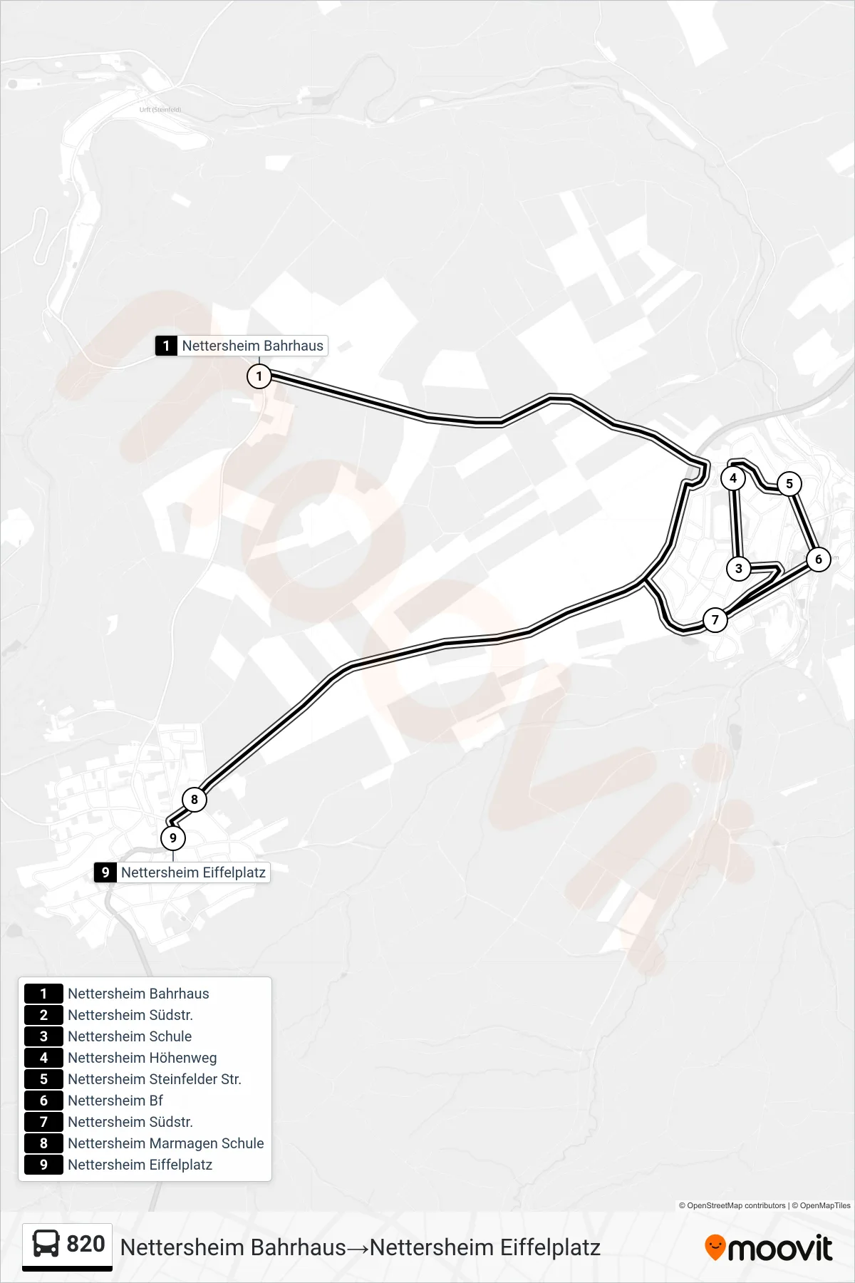 Linie 820 (Bus) Richtung Nettersheim Bahrhaus‎→Nettersheim Eiffelplatz: Route und Haltestellen auf der Karte
