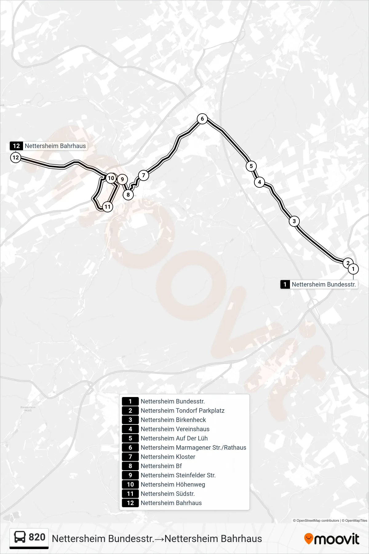 820 bus Line (Nettersheim Bundesstr.→Nettersheim Bahrhaus) route and stops on a map