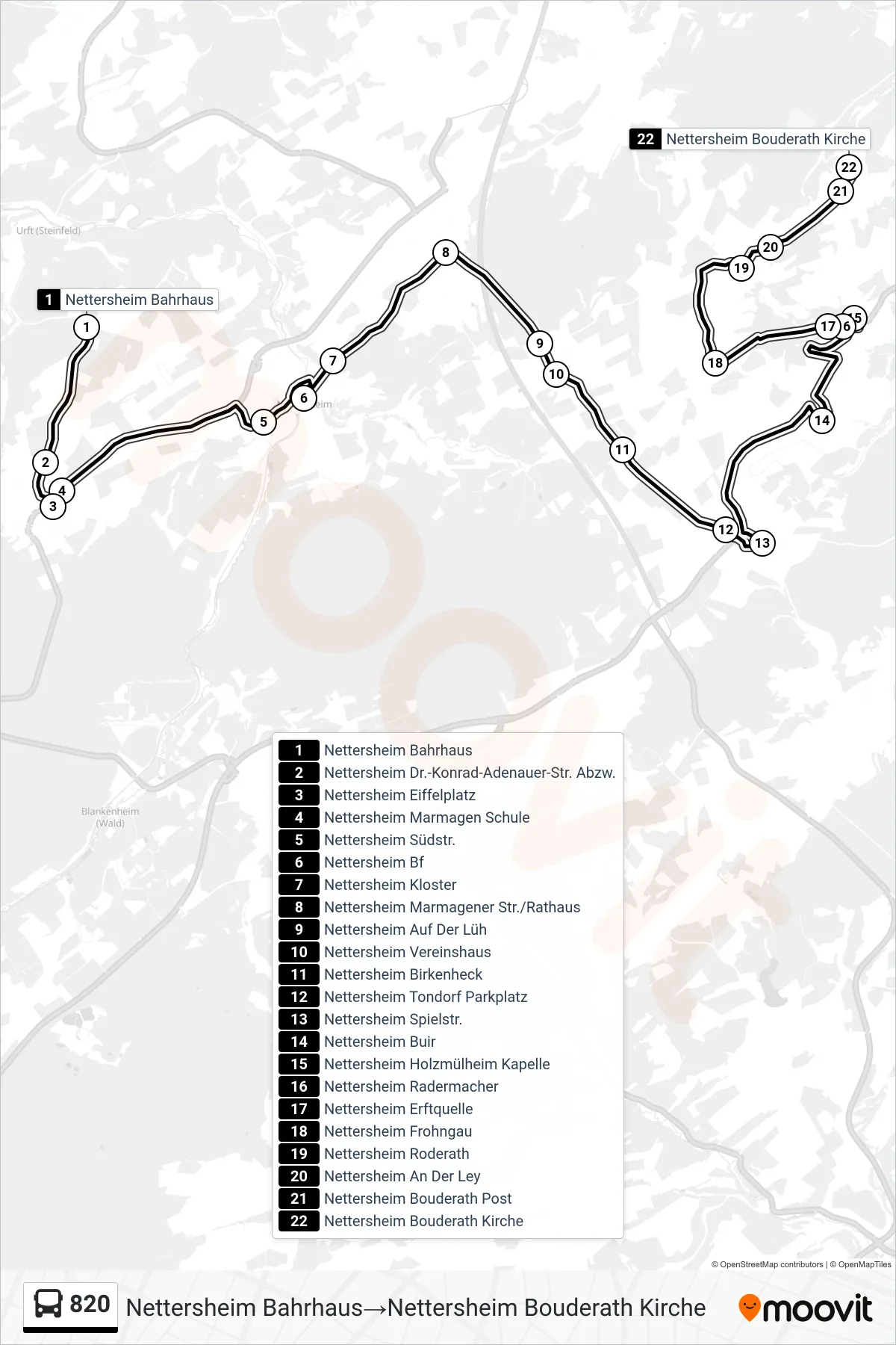 Linie 820 (Bus) Richtung Nettersheim Bahrhaus‎→Nettersheim Bouderath Kirche: Route und Haltestellen auf der Karte