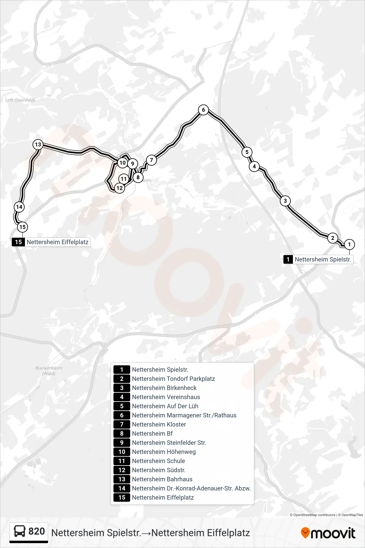 Linie 820 (Bus) Richtung Nettersheim Spielstr.‎→Nettersheim Eiffelplatz: Route und Haltestellen auf der Karte