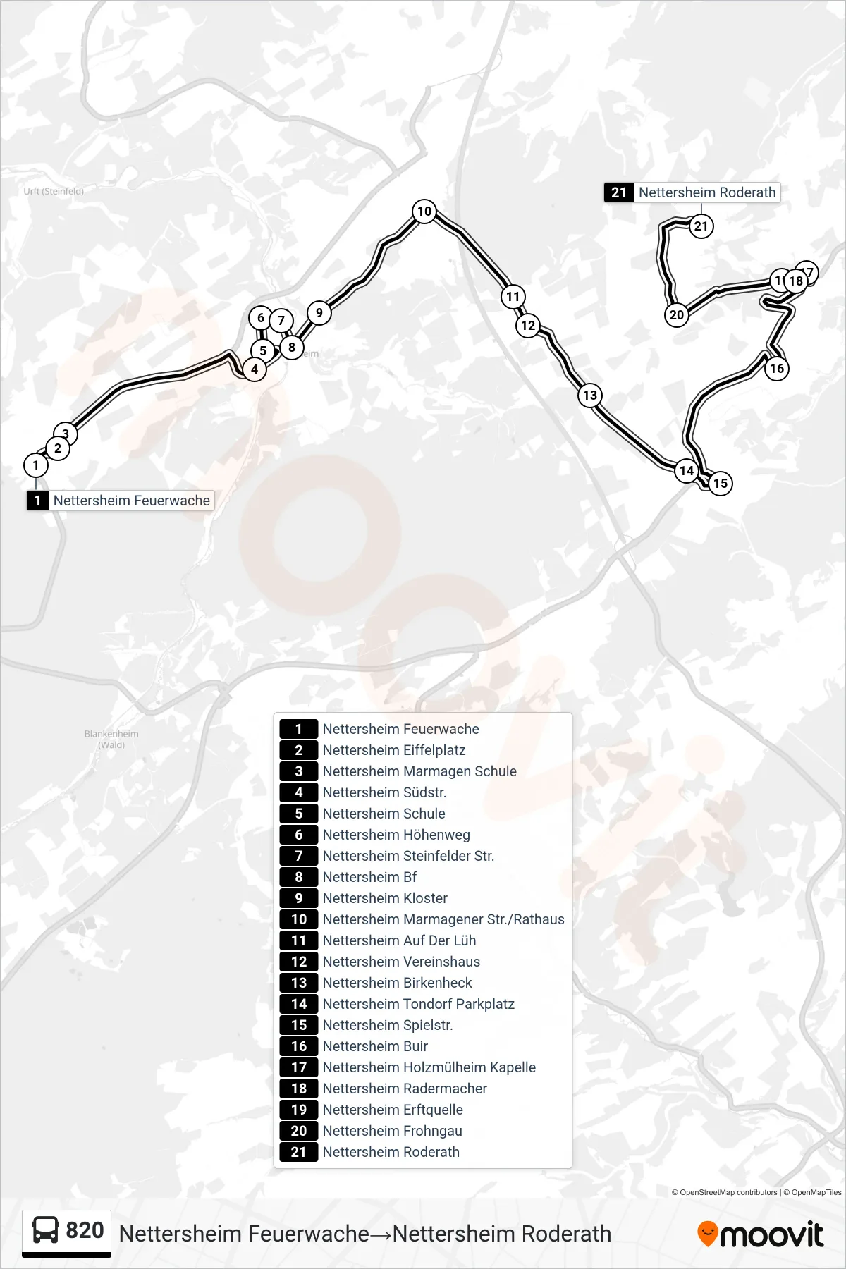 820 bus Line (Nettersheim Feuerwache‎→Nettersheim Roderath) route and stops on a map