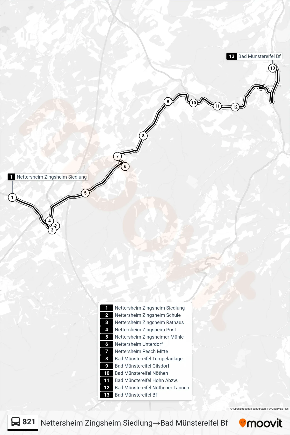 Linie 821 (Bus) Richtung Nettersheim Zingsheim Siedlung→Bad Münstereifel Bf: Route und Haltestellen auf der Karte