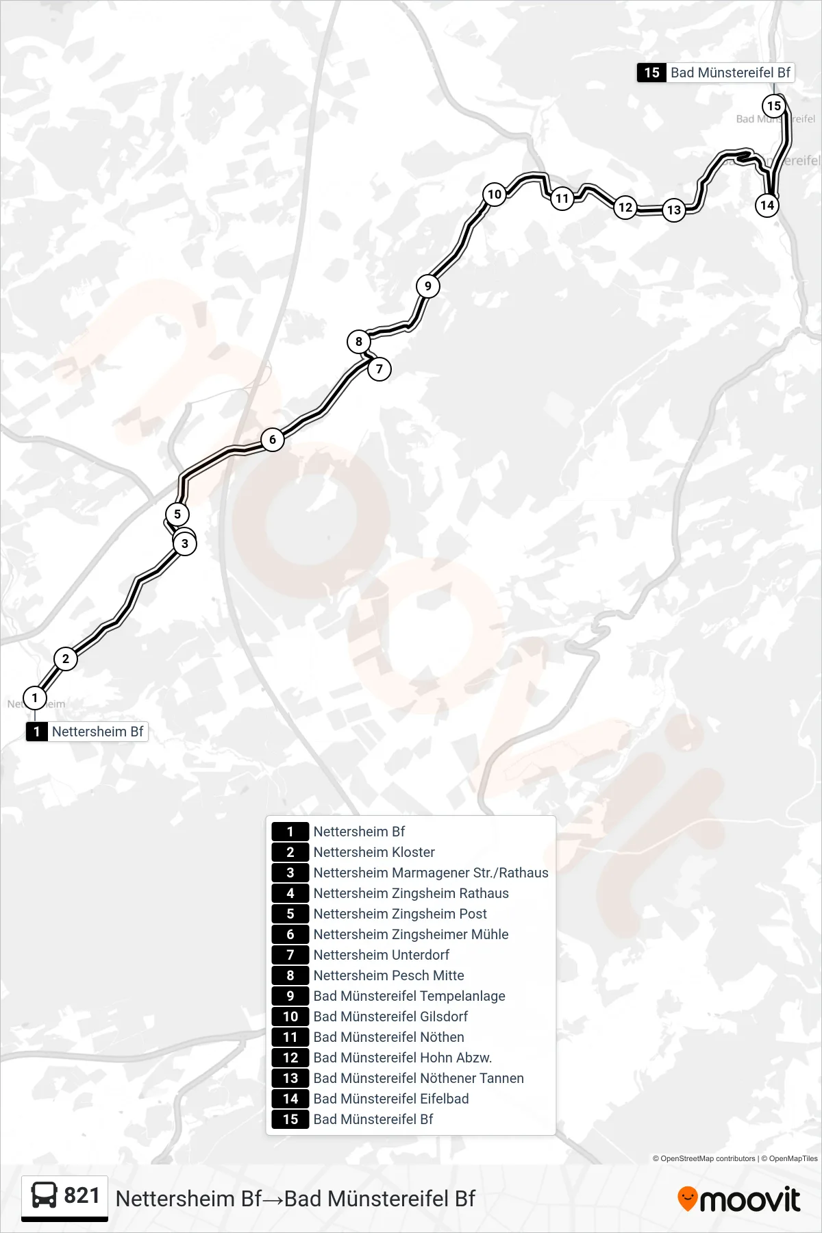 Linie 821 (Bus) Richtung Nettersheim Bf→Bad Münstereifel Bf: Route und Haltestellen auf der Karte