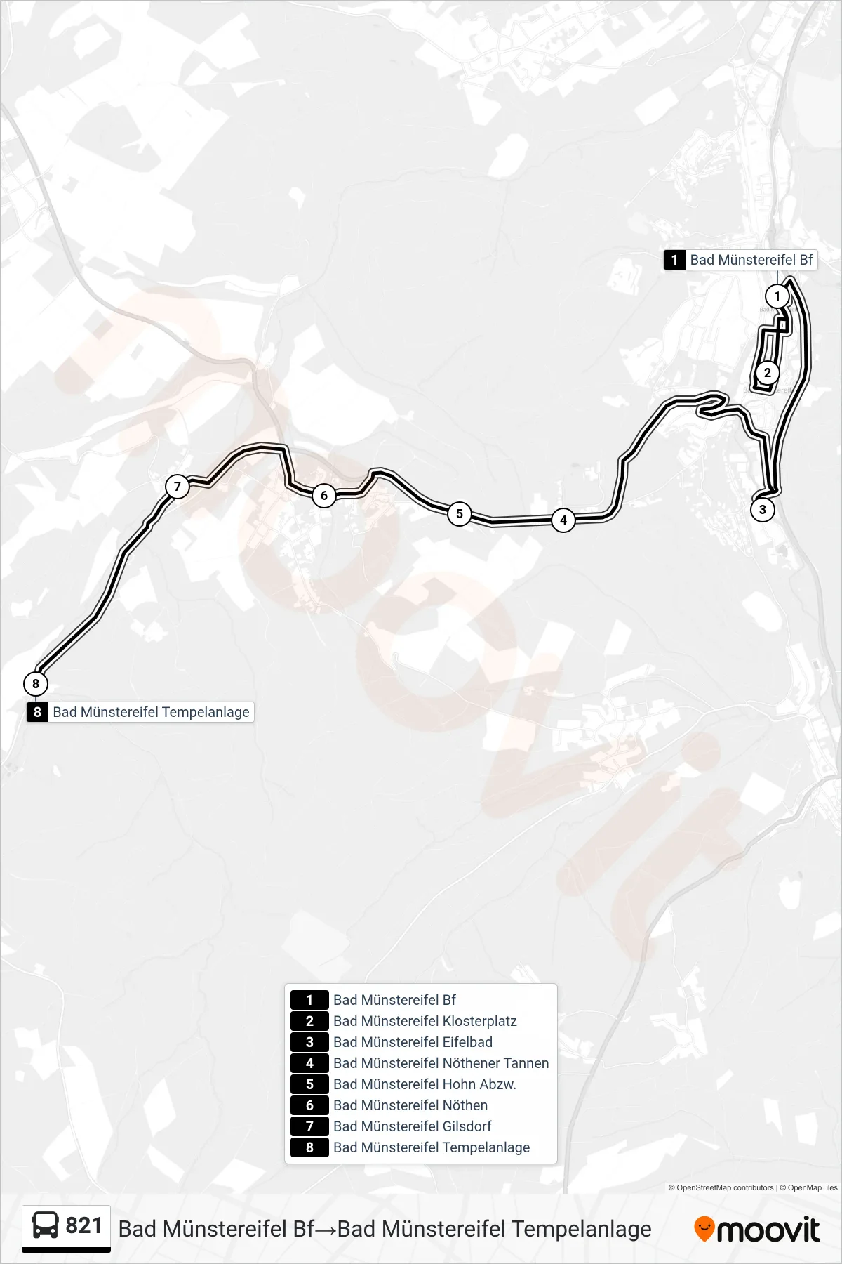 Linie 821 (Bus) Richtung Bad Münstereifel Bf→Bad Münstereifel Tempelanlage: Route und Haltestellen auf der Karte