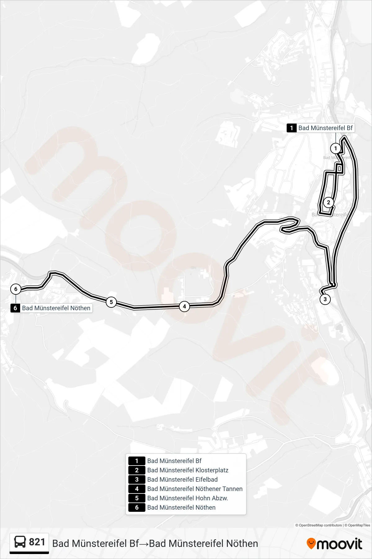 Linie 821 (Bus) Richtung Bad Münstereifel Bf→Bad Münstereifel Nöthen: Route und Haltestellen auf der Karte