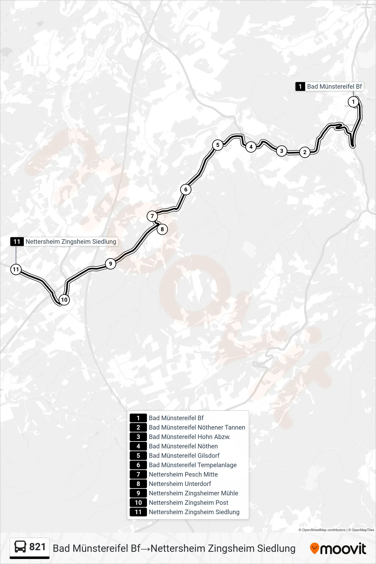 Linie 821 (Bus) Richtung Bad Münstereifel Bf→Nettersheim Zingsheim Siedlung: Route und Haltestellen auf der Karte