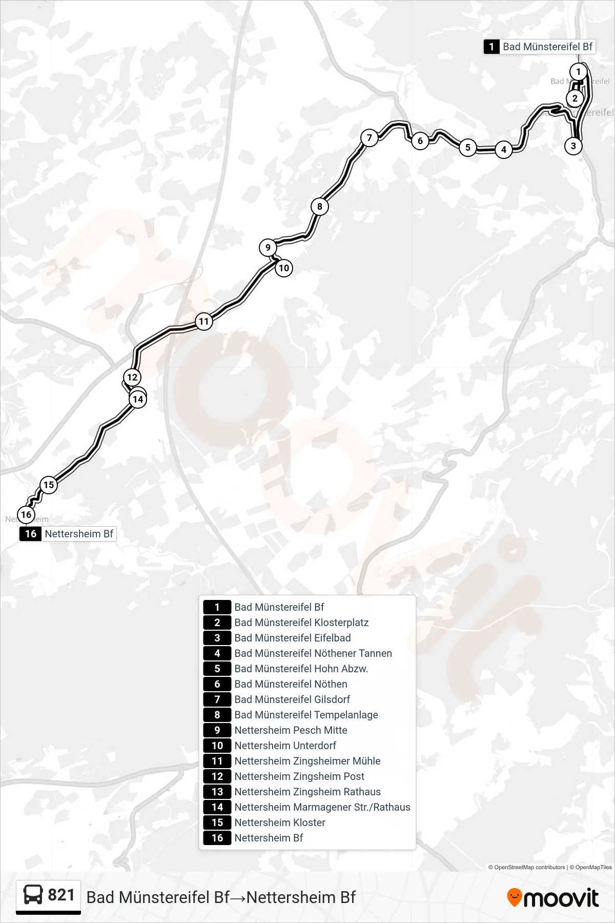 Linie 821 (Bus) Richtung Bad Münstereifel Bf→Nettersheim Bf: Route und Haltestellen auf der Karte