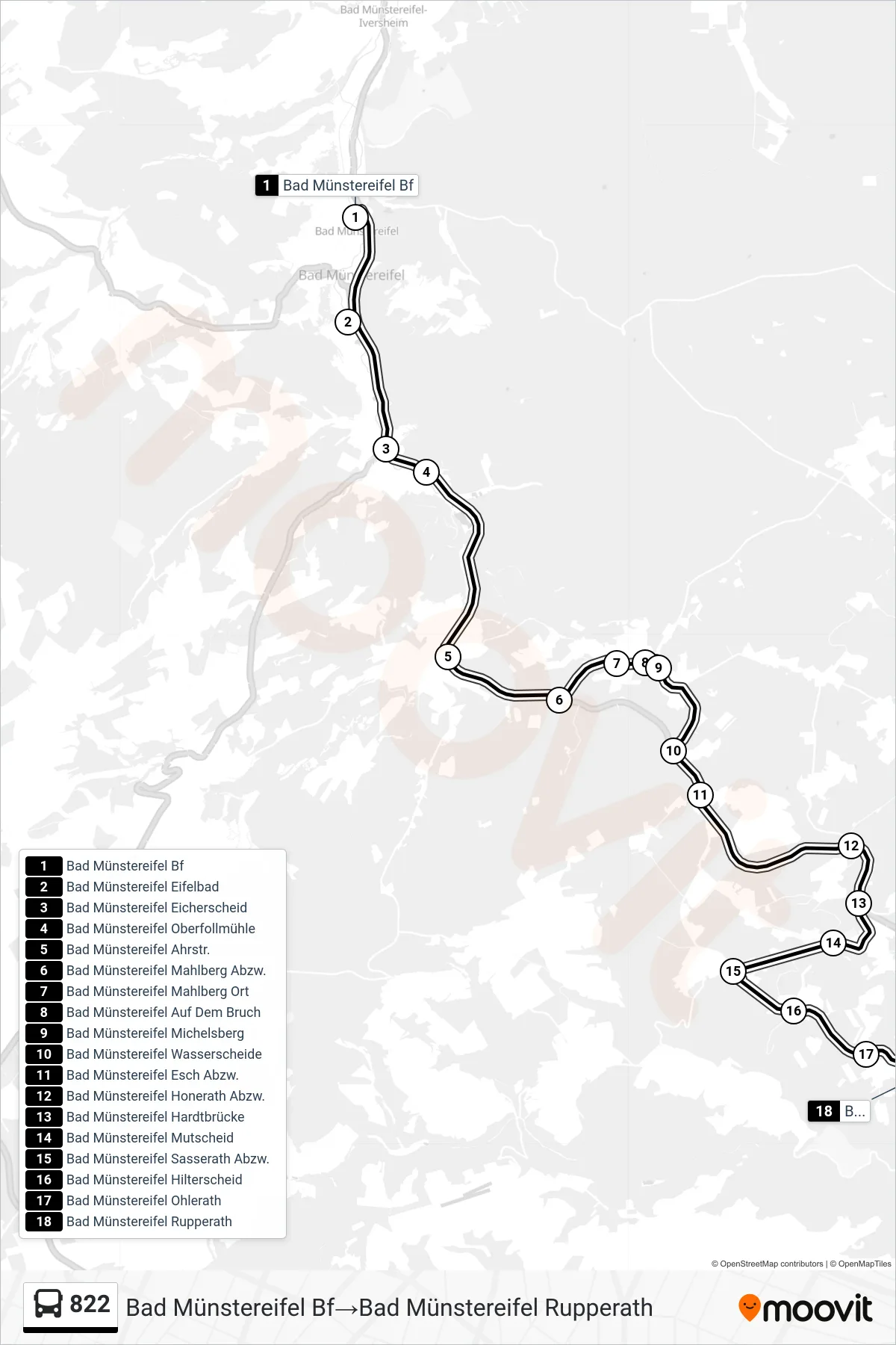 Linie 822 (Bus) Richtung Bad Münstereifel Bf‎→Bad Münstereifel Rupperath: Route und Haltestellen auf der Karte