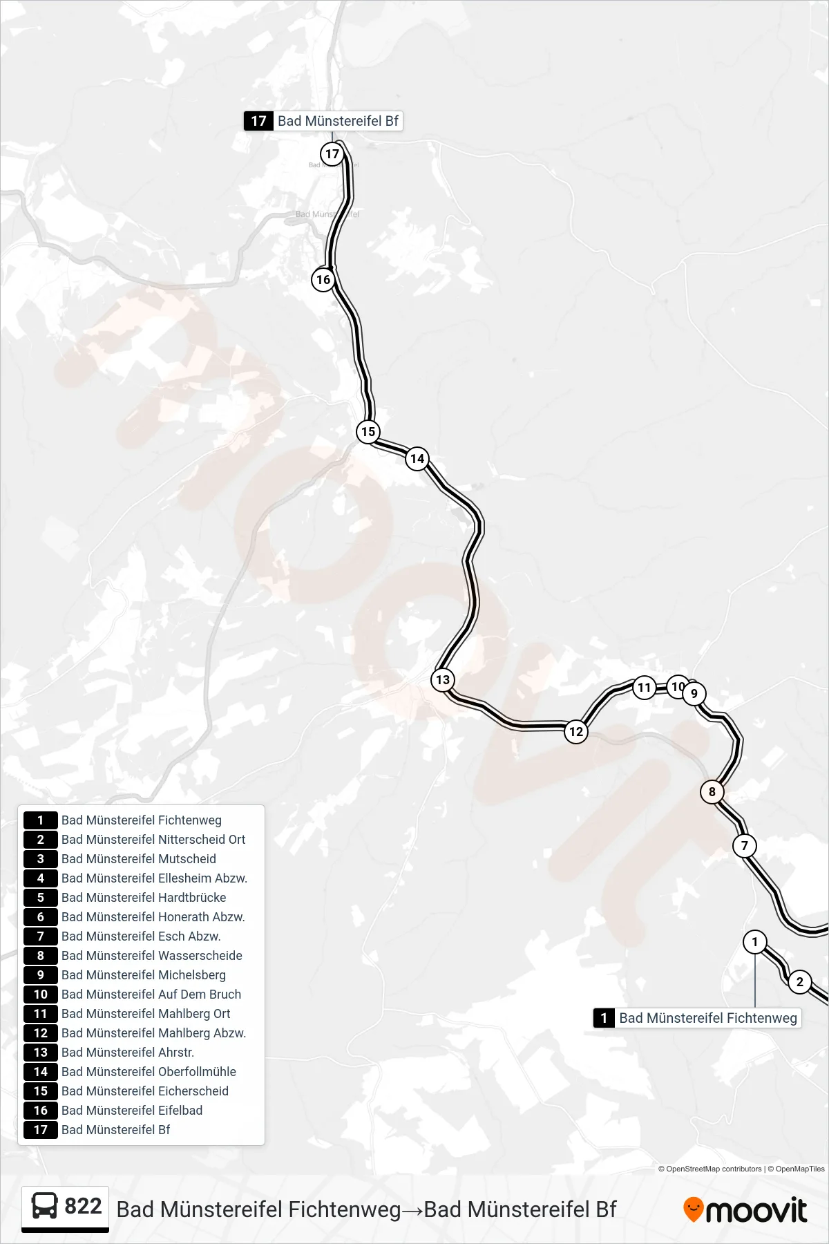 Linie 822 (Bus) Richtung Bad Münstereifel Fichtenweg‎→Bad Münstereifel Bf: Route und Haltestellen auf der Karte