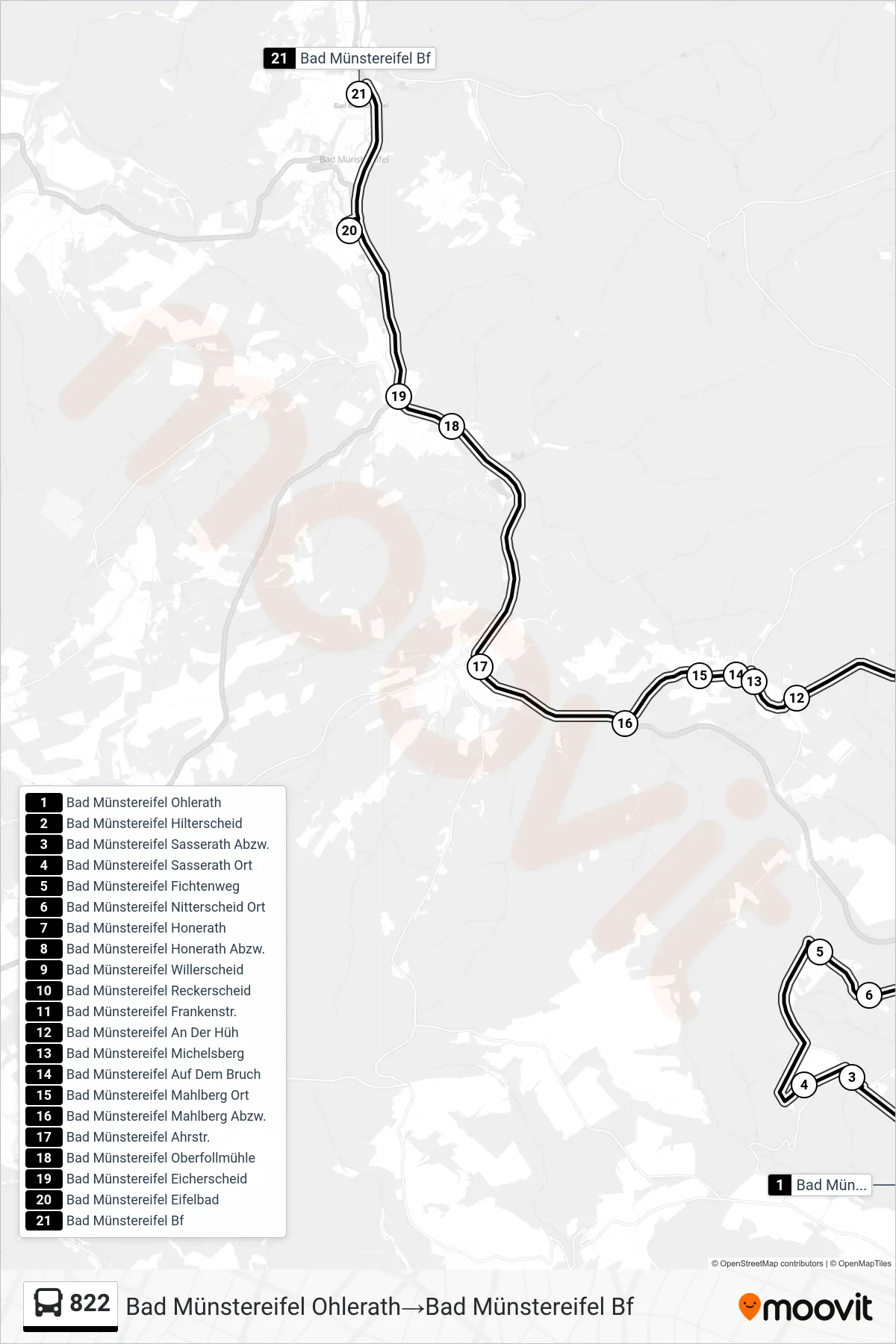 Linie 822 (Bus) Richtung Bad Münstereifel Ohlerath→Bad Münstereifel Bf: Route und Haltestellen auf der Karte