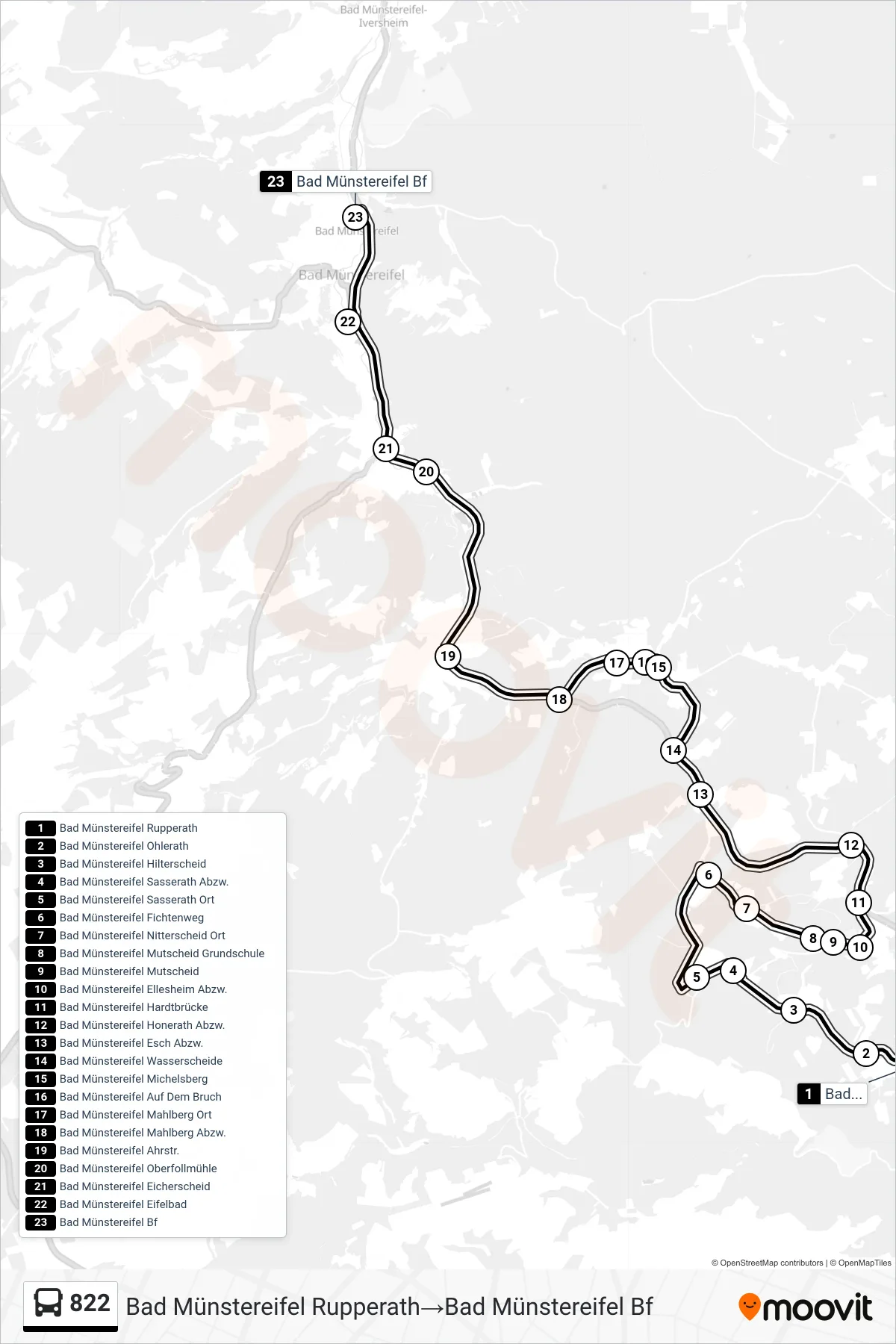 Linie 822 (Bus) Richtung Bad Münstereifel Rupperath‎→Bad Münstereifel Bf: Route und Haltestellen auf der Karte