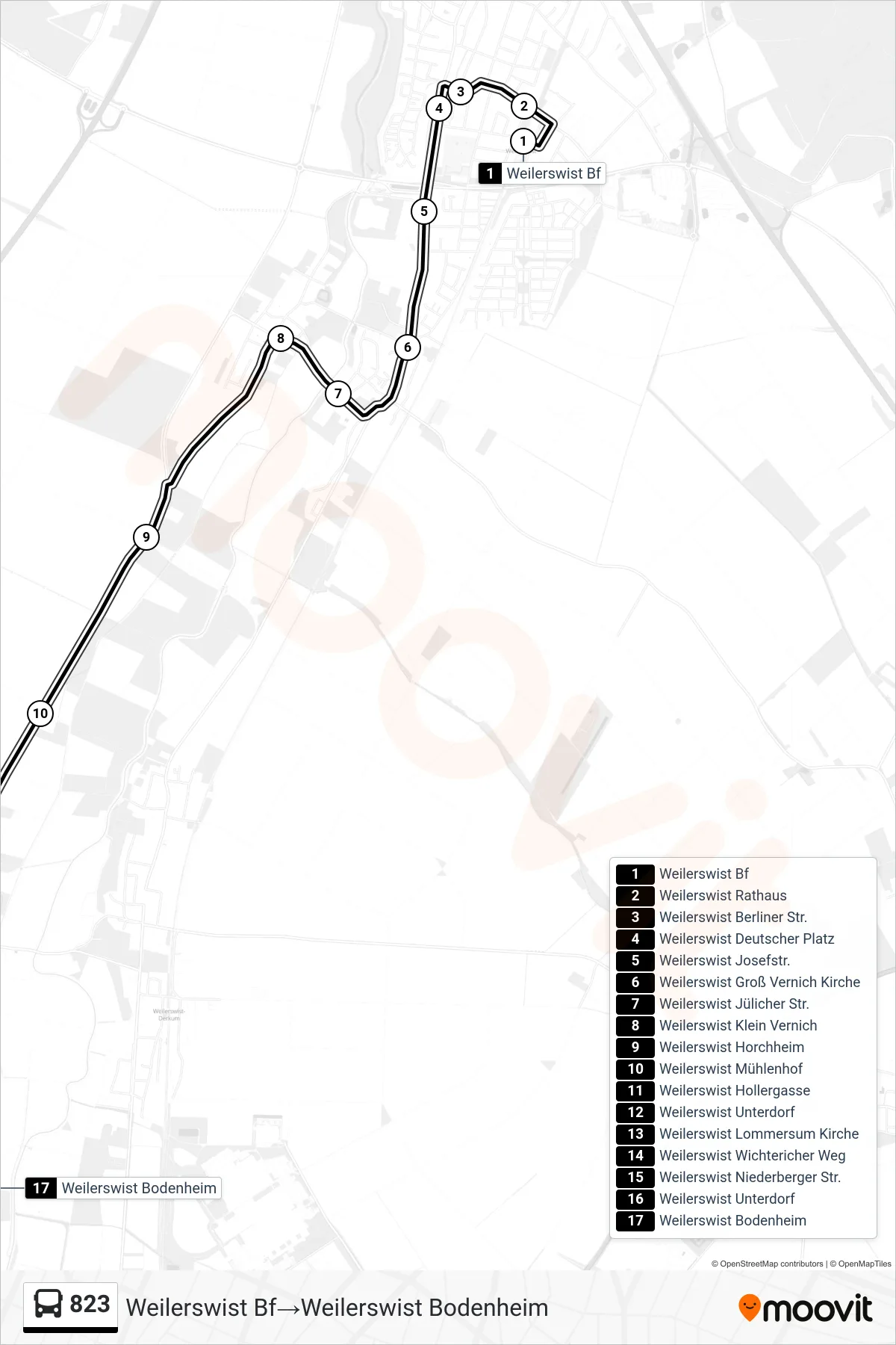 Linie 823 (Bus) Richtung Weilerswist Bf‎→Weilerswist Bodenheim: Route und Haltestellen auf der Karte