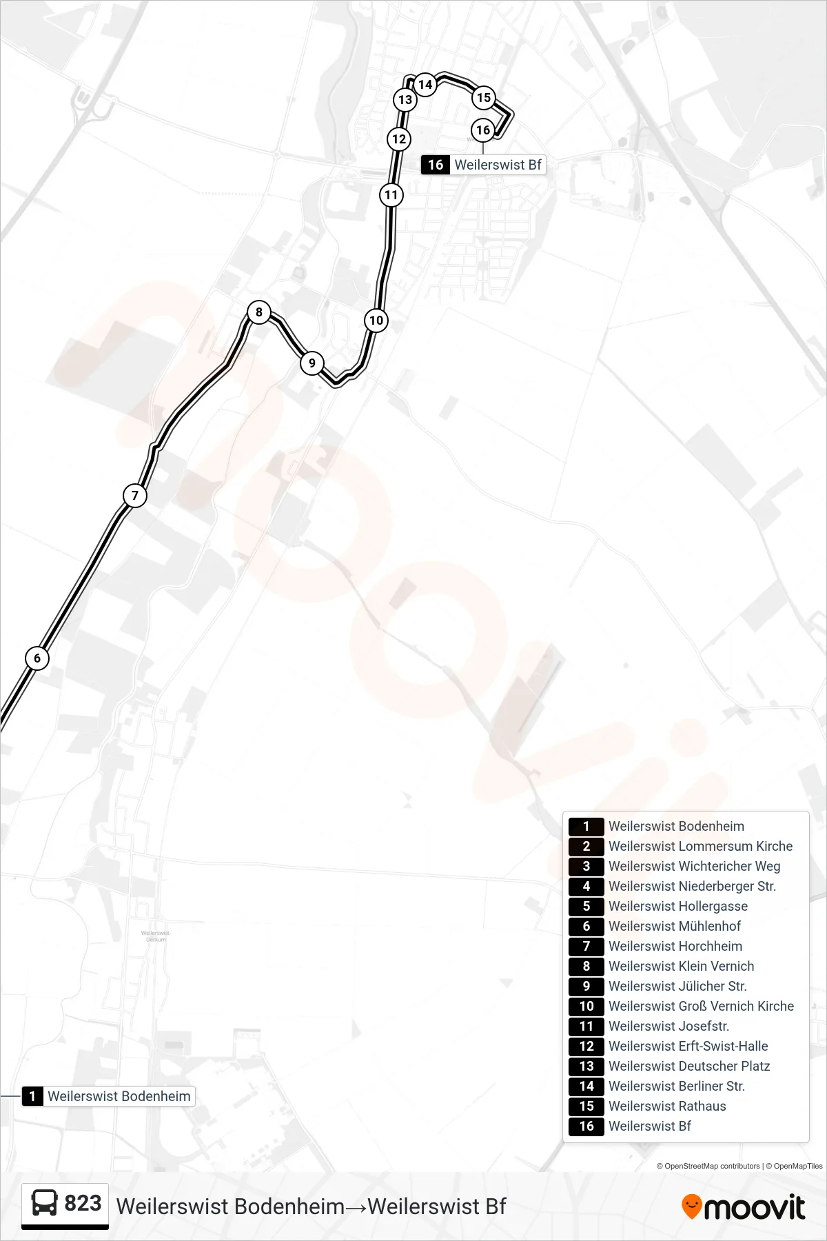 Linie 823 (Bus) Richtung Weilerswist Bodenheim→Weilerswist Bf: Route und Haltestellen auf der Karte