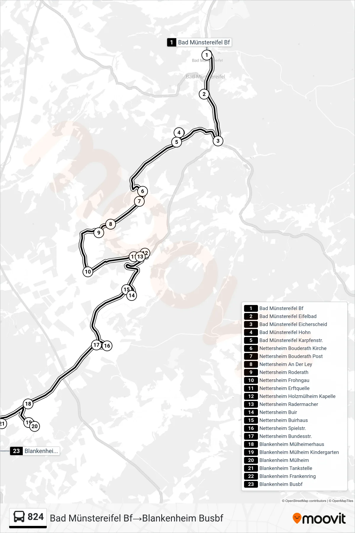 Linie 824 (Bus) Richtung Bad Münstereifel Bf‎→Blankenheim Busbf: Route und Haltestellen auf der Karte