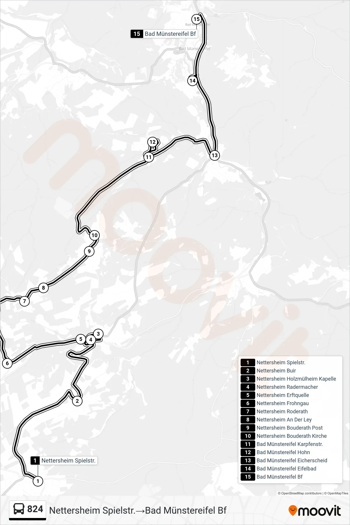 Linie 824 (Bus) Richtung Nettersheim Spielstr.‎→Bad Münstereifel Bf: Route und Haltestellen auf der Karte