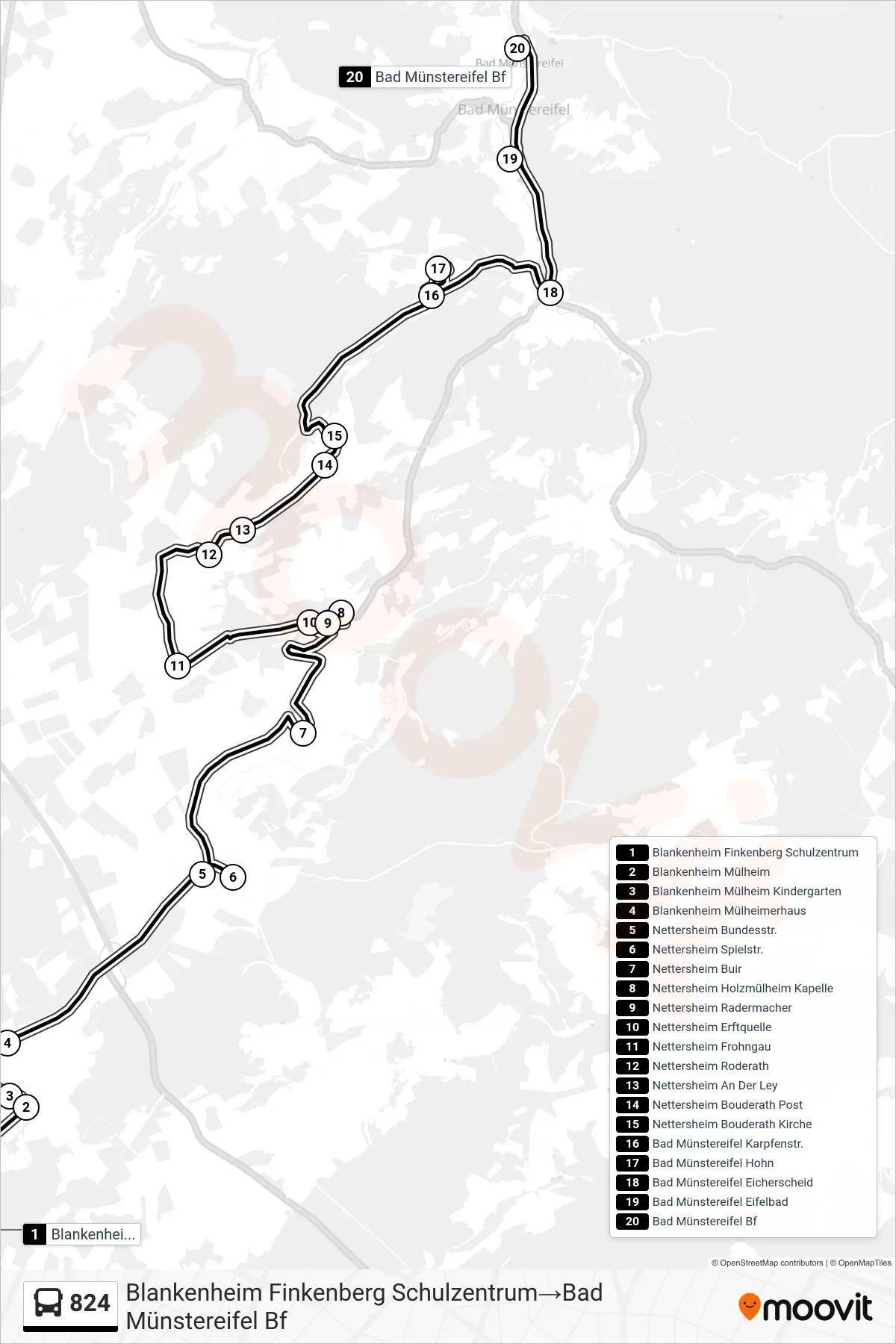 824 bus Line (Blankenheim Finkenberg Schulzentrum‎→Bad Münstereifel Bf) route and stops on a map