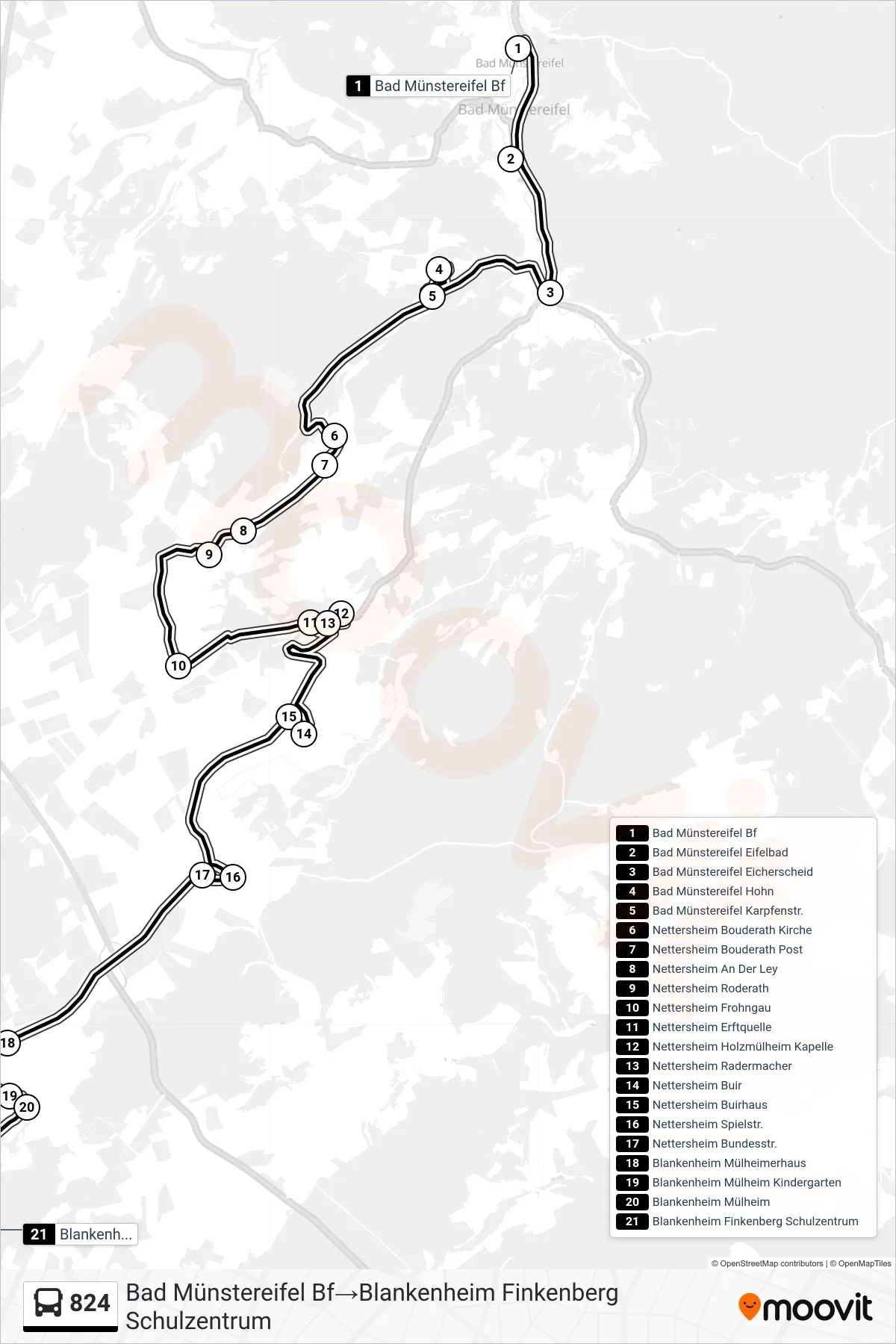 Linie 824 (Bus) Richtung Bad Münstereifel Bf→Blankenheim Finkenberg Schulzentrum: Route und Haltestellen auf der Karte