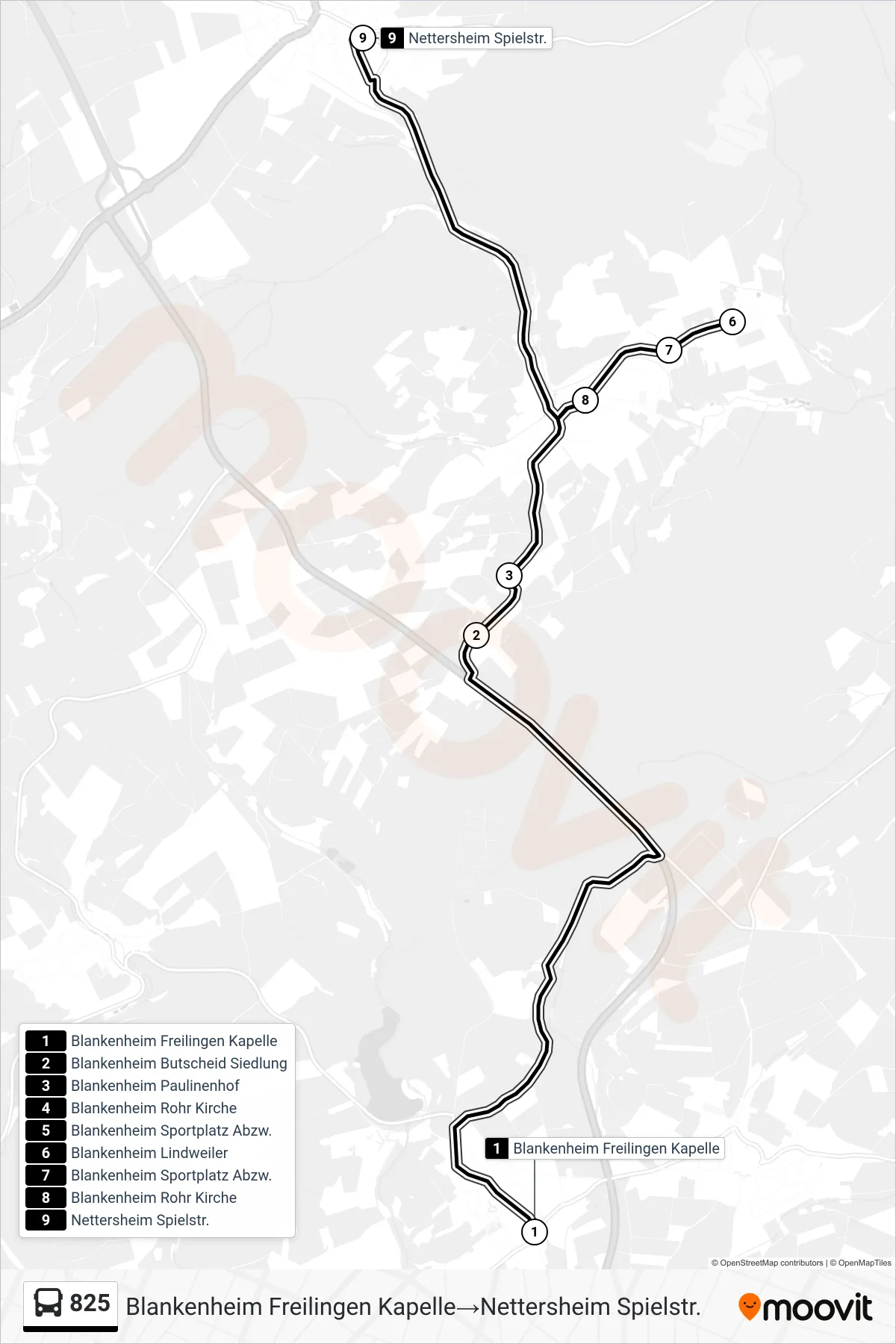 Linie 825 (Bus) Richtung Blankenheim Freilingen Kapelle→Nettersheim Spielstr.: Route und Haltestellen auf der Karte