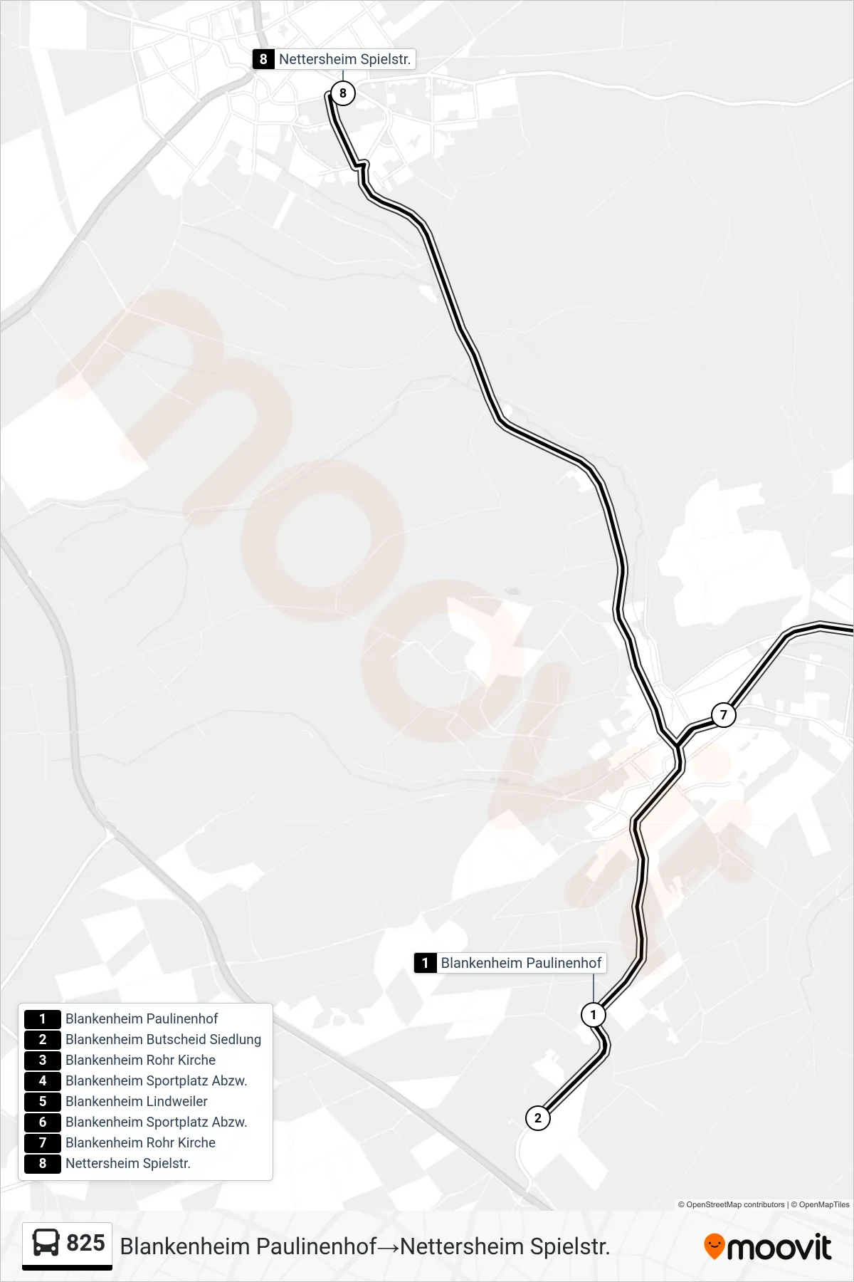 825 bus Line (Blankenheim Paulinenhof→Nettersheim Spielstr.) route and stops on a map