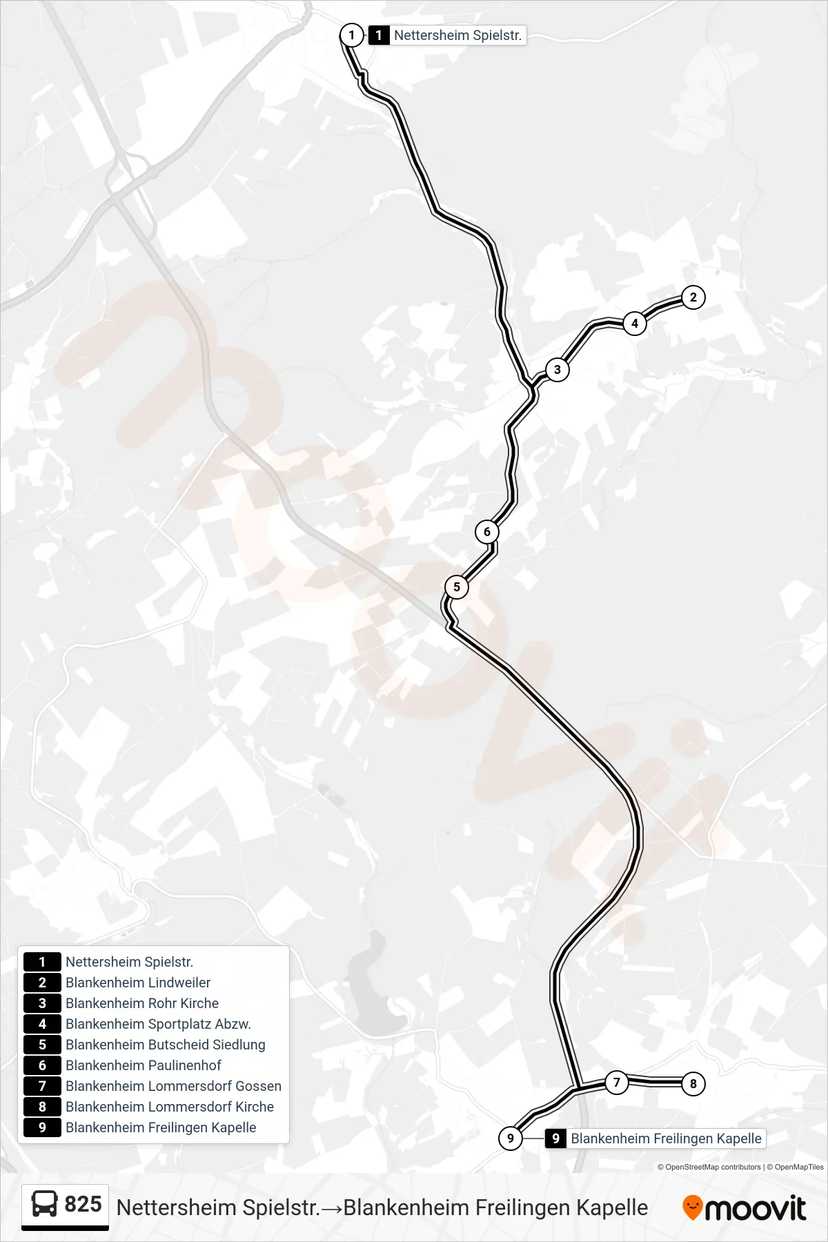 Linie 825 (Bus) Richtung Nettersheim Spielstr.‎→Blankenheim Freilingen Kapelle: Route und Haltestellen auf der Karte