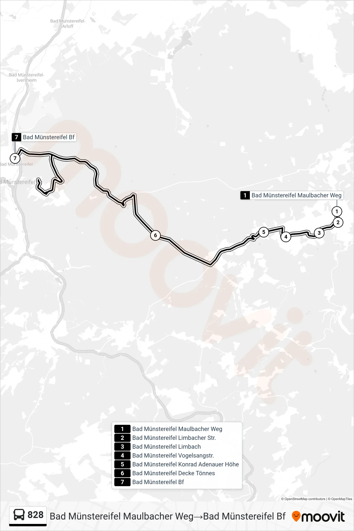 Linie 828 (Bus) Richtung Bad Münstereifel Maulbacher Weg→Bad Münstereifel Bf: Route und Haltestellen auf der Karte