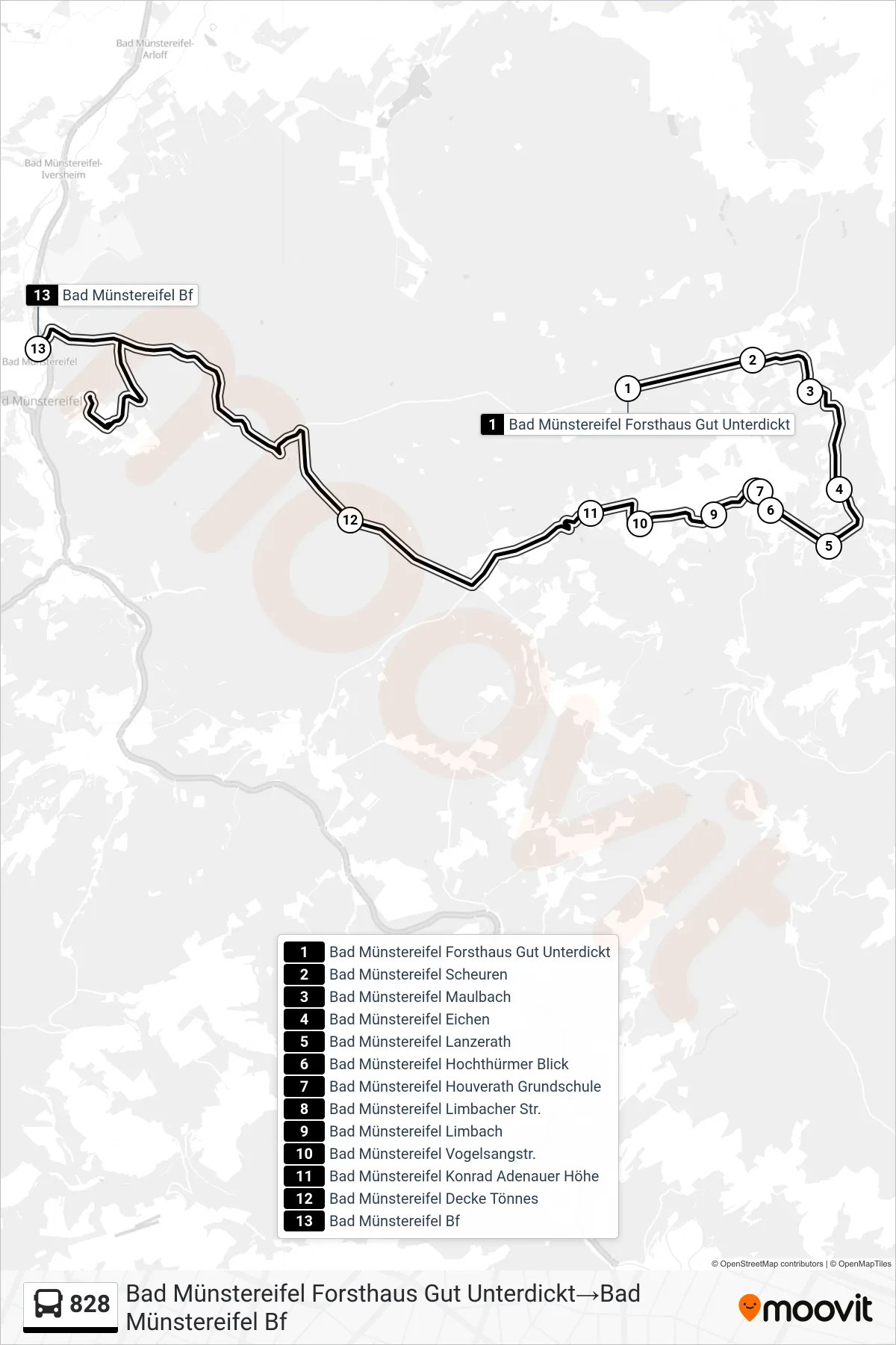 Linie 828 (Bus) Richtung Bad Münstereifel Forsthaus Gut Unterdickt→Bad Münstereifel Bf: Route und Haltestellen auf der Karte