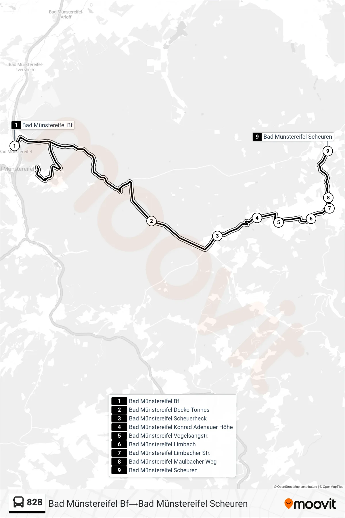 Linie 828 (Bus) Richtung Bad Münstereifel Bf‎→Bad Münstereifel Scheuren: Route und Haltestellen auf der Karte