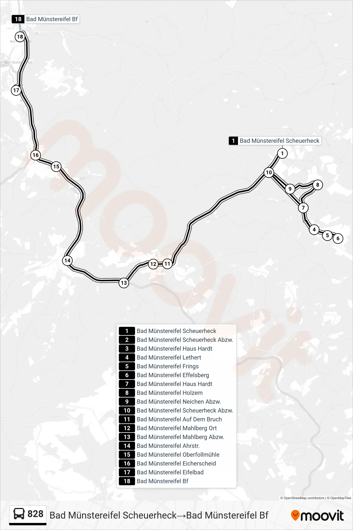 Linie 828 (Bus) Richtung Bad Münstereifel Scheuerheck‎→Bad Münstereifel Bf: Route und Haltestellen auf der Karte
