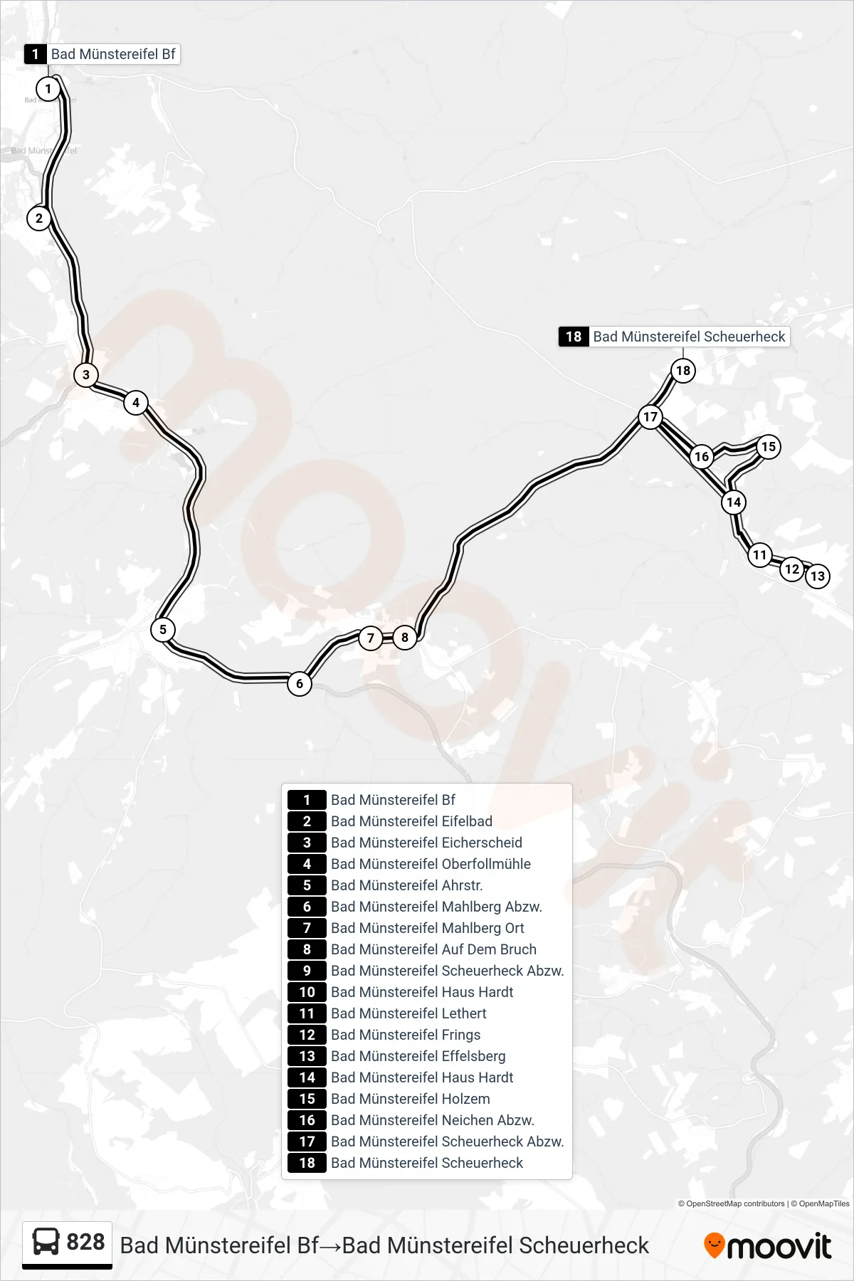 828 bus Line (Bad Münstereifel Bf‎→Bad Münstereifel Scheuerheck) route and stops on a map