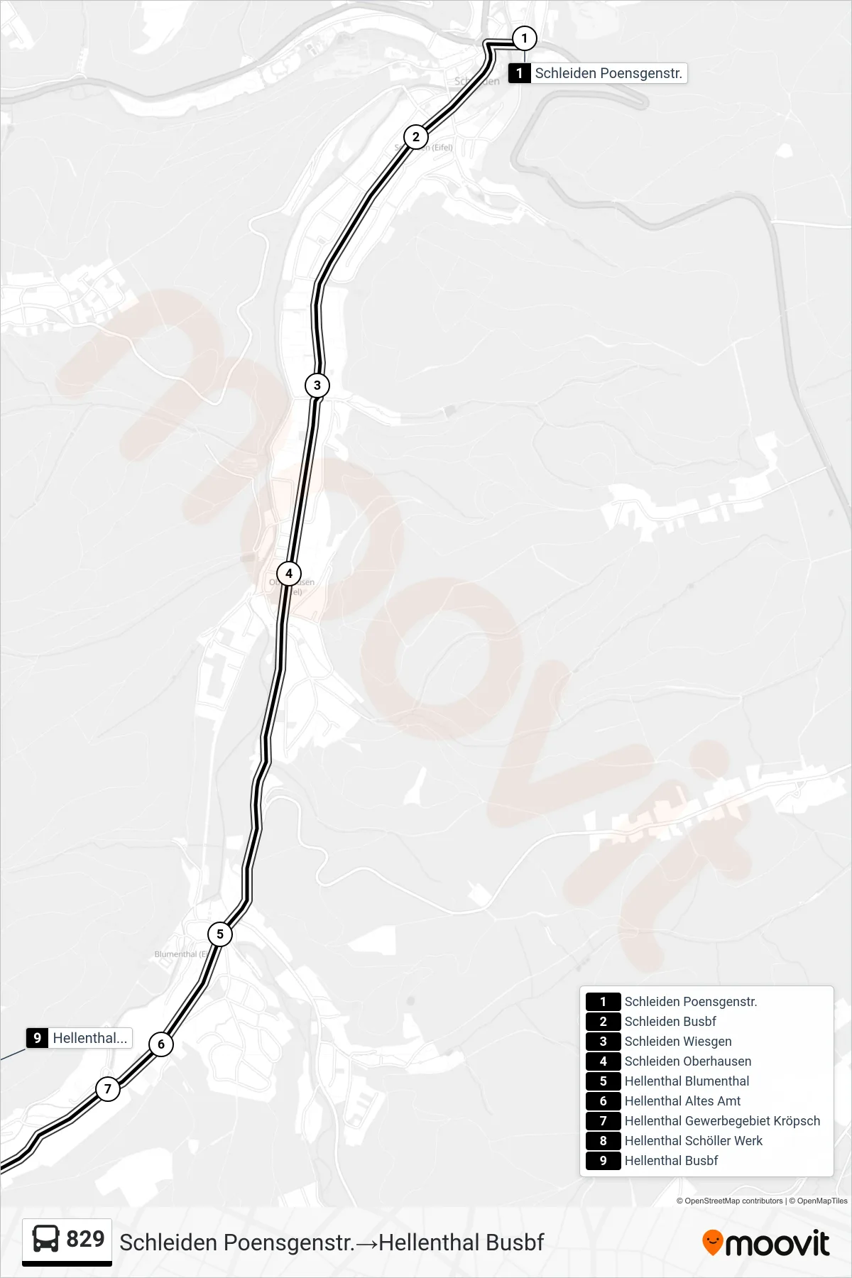 Linie 829 (Bus) Richtung Schleiden Poensgenstr.→Hellenthal Busbf: Route und Haltestellen auf der Karte