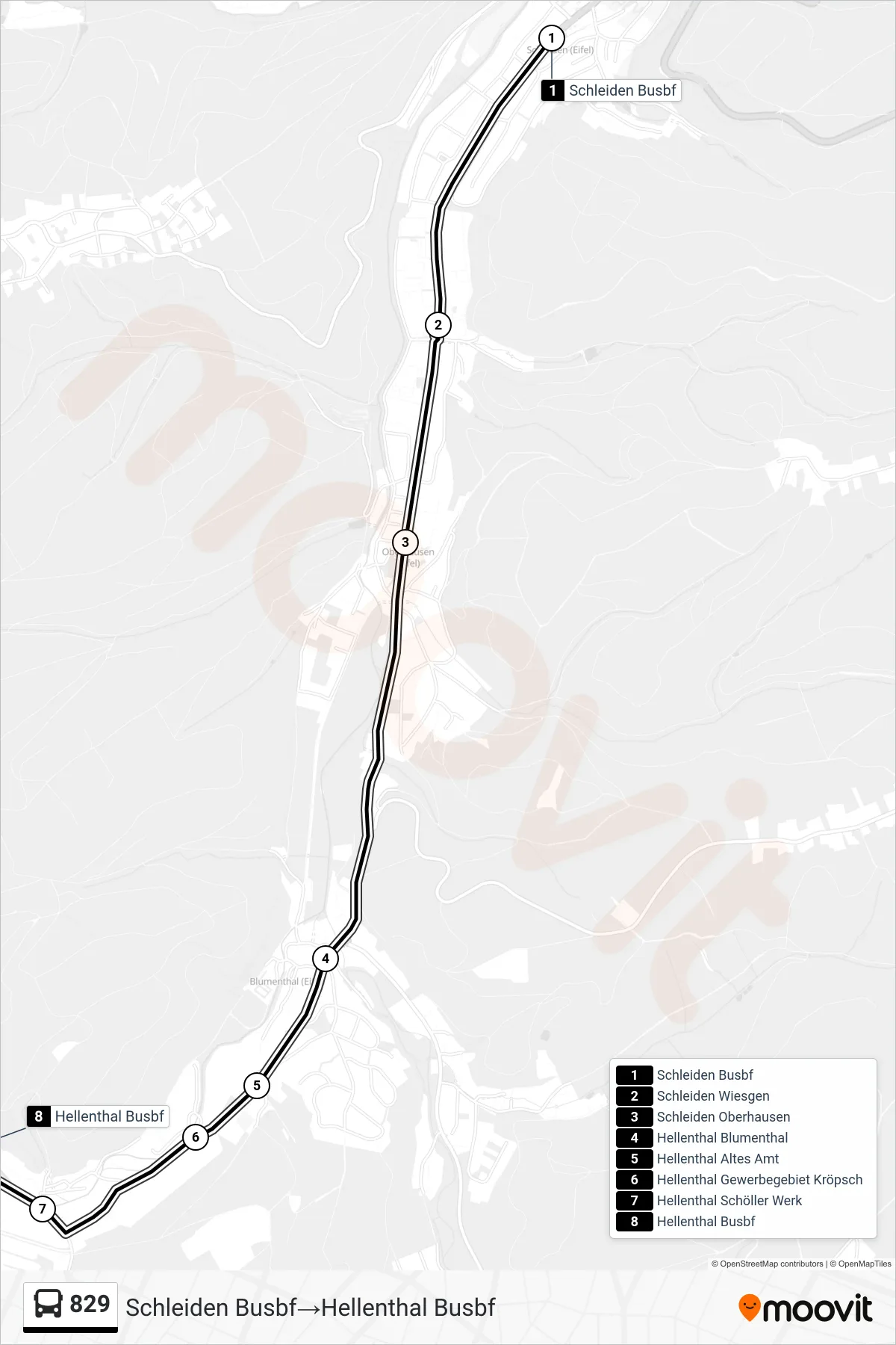 Linie 829 (Bus) Richtung Schleiden Busbf→Hellenthal Busbf: Route und Haltestellen auf der Karte