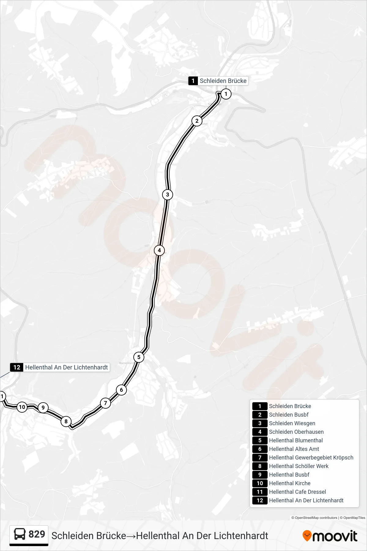 Linie 829 (Bus) Richtung Schleiden Brücke→Hellenthal An Der Lichtenhardt: Route und Haltestellen auf der Karte