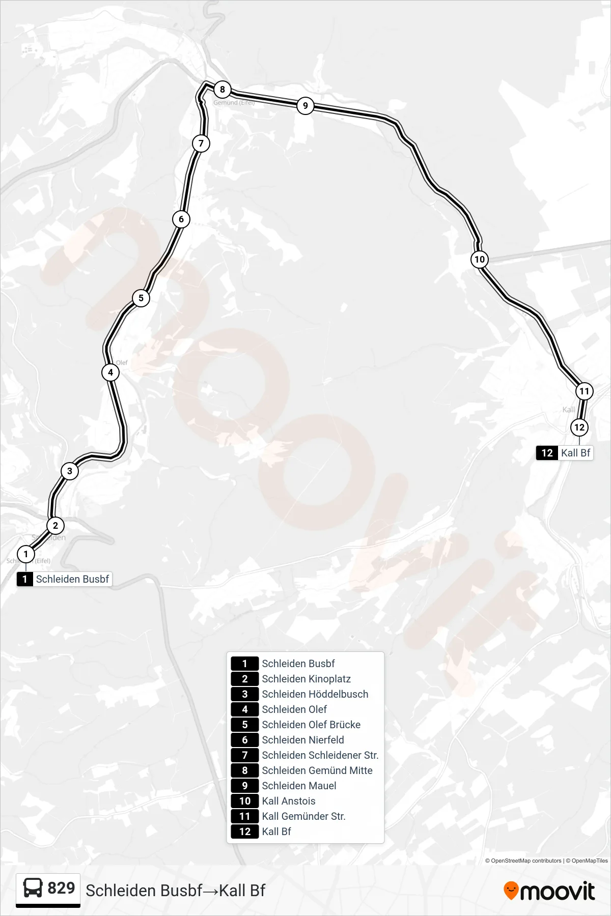 Linie 829 (Bus) Richtung Schleiden Busbf→Kall Bf: Route und Haltestellen auf der Karte