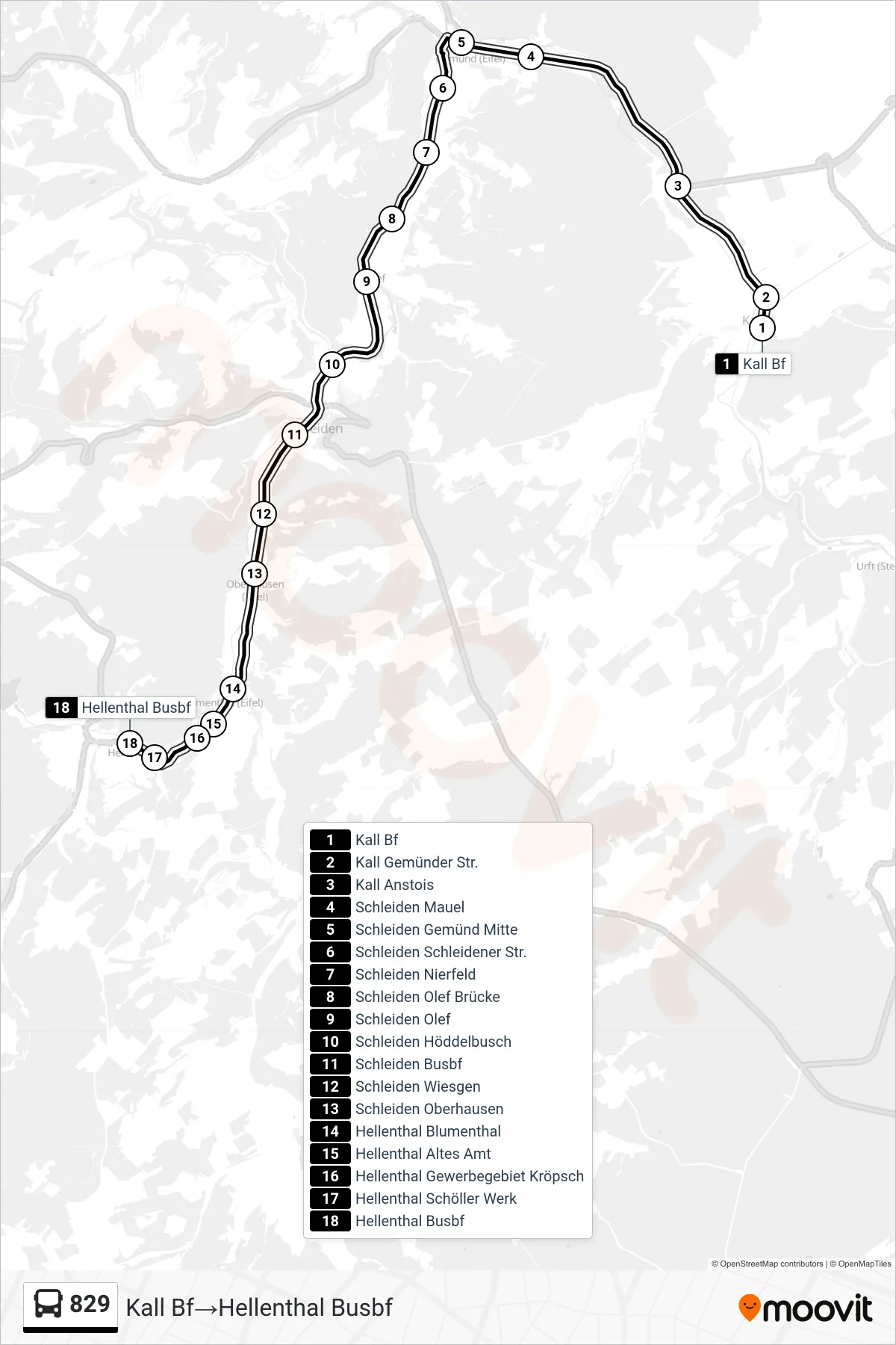 Linie 829 (Bus) Richtung Kall Bf→Hellenthal Busbf: Route und Haltestellen auf der Karte