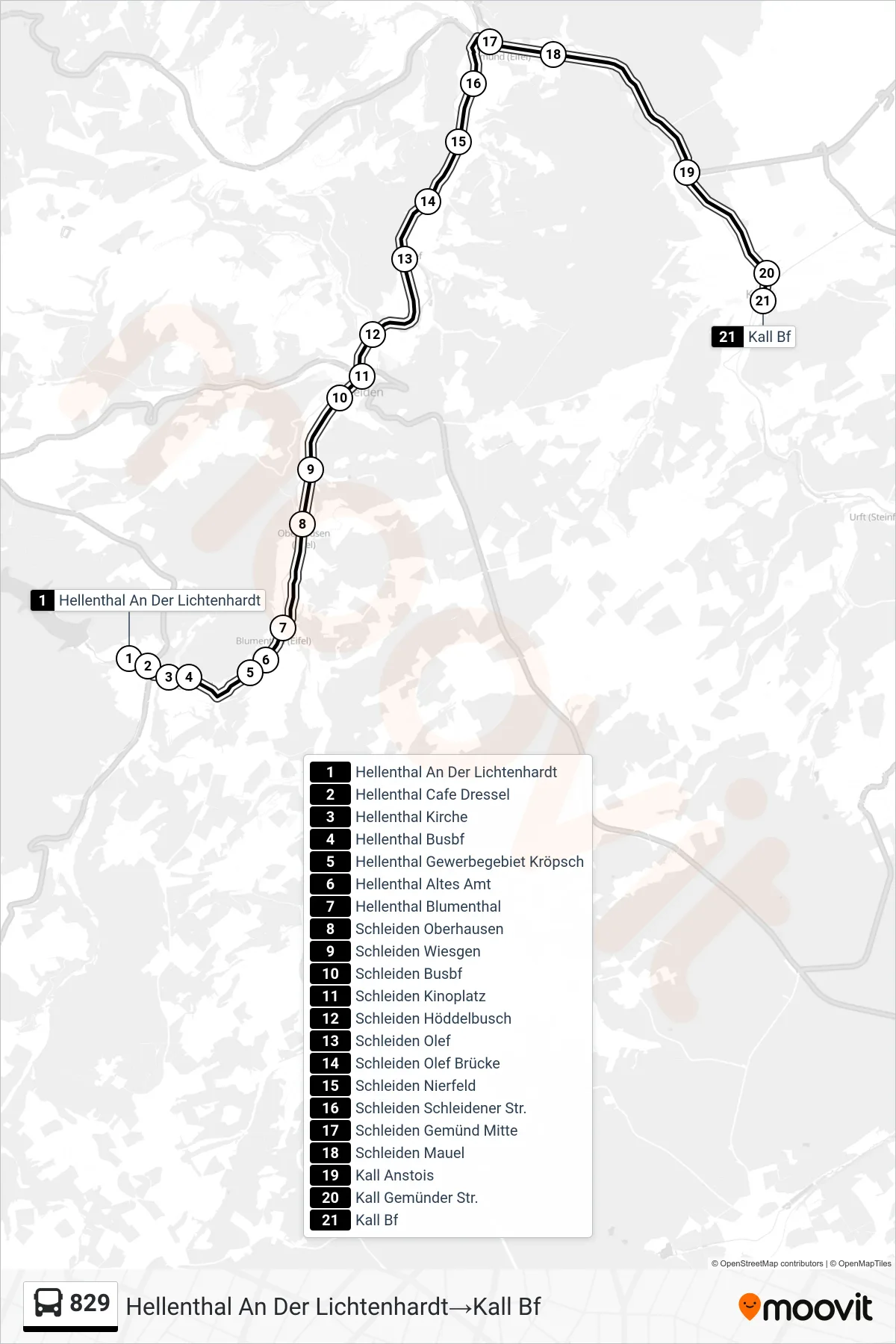 Linie 829 (Bus) Richtung Hellenthal An Der Lichtenhardt→Kall Bf: Route und Haltestellen auf der Karte