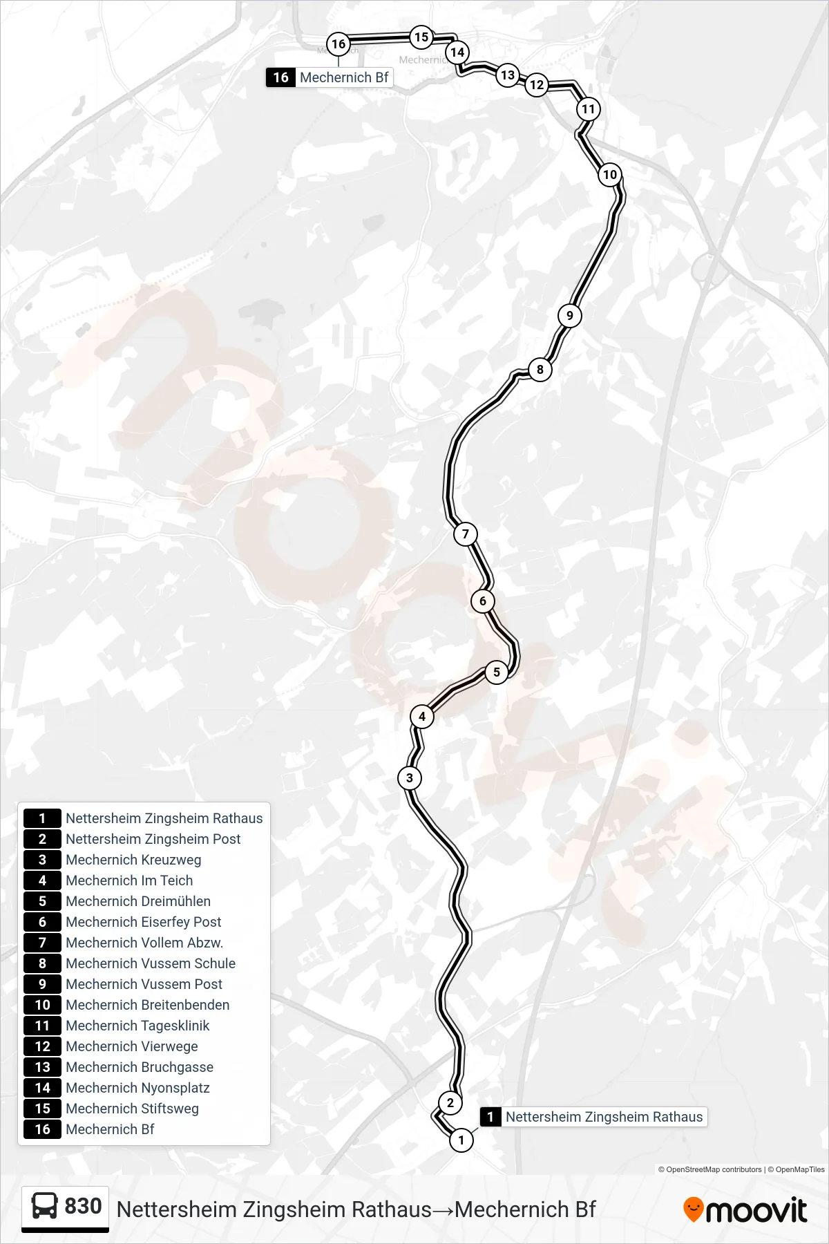 Linie 830 (Bus) Richtung Nettersheim Zingsheim Rathaus→Mechernich Bf: Route und Haltestellen auf der Karte