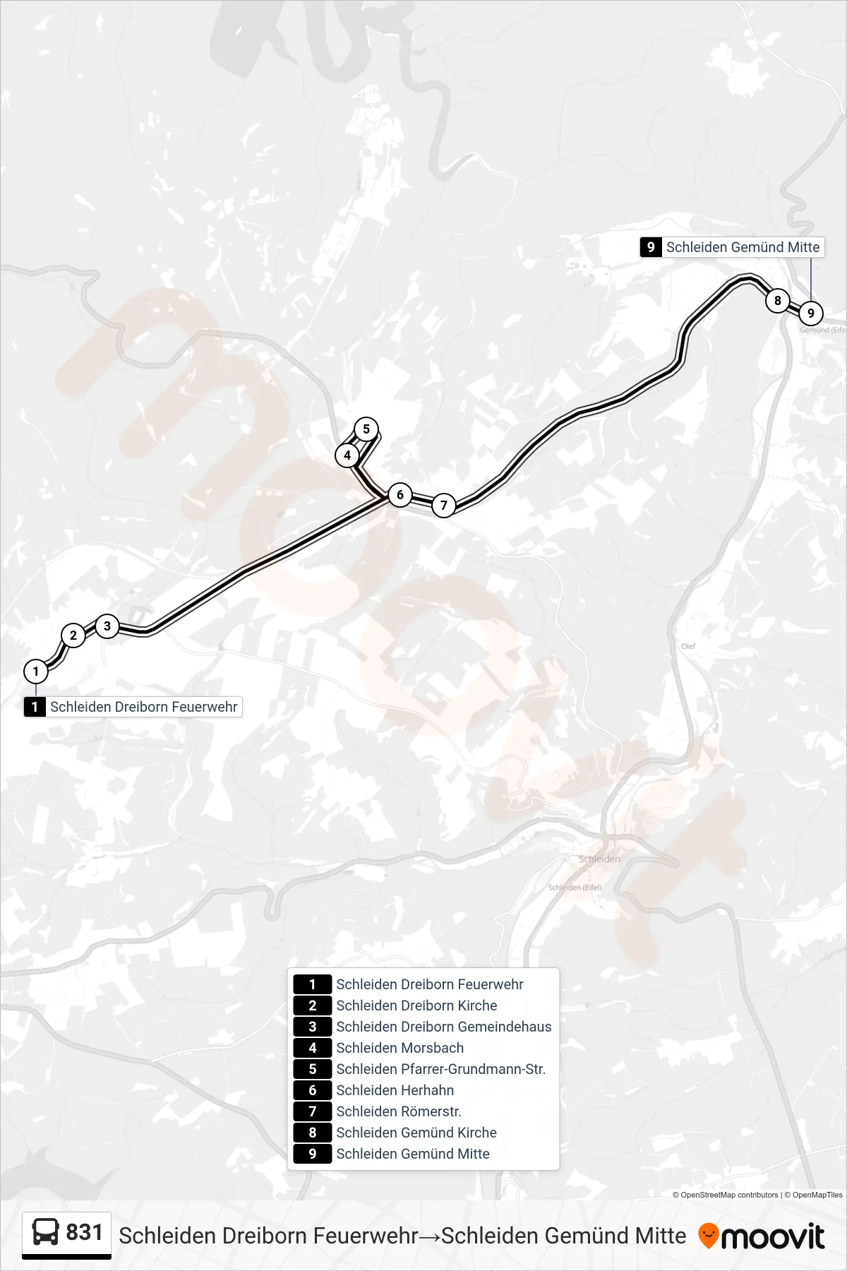 Linie 831 (Bus) Richtung Schleiden Dreiborn Feuerwehr→Schleiden Gemünd Mitte: Route und Haltestellen auf der Karte