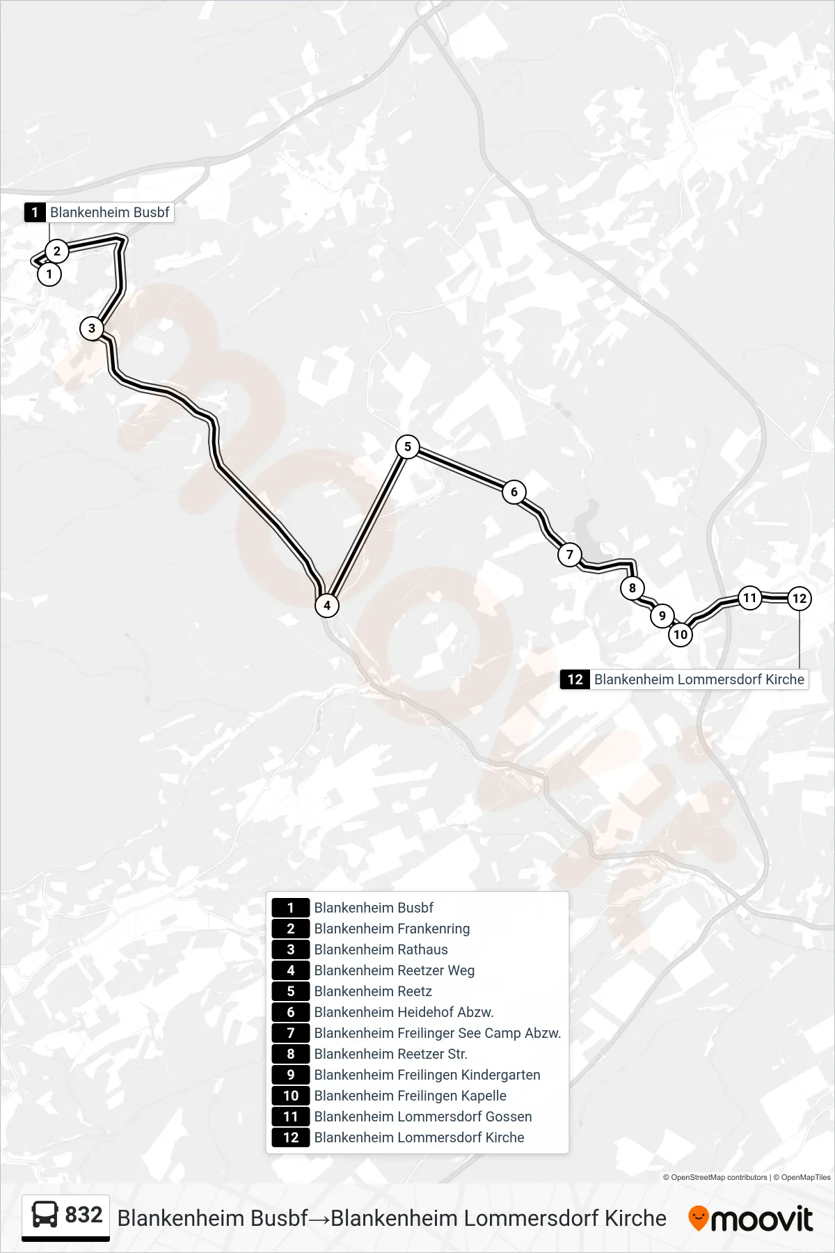 Linie 832 (Bus) Richtung Blankenheim Busbf‎→Blankenheim Lommersdorf Kirche: Route und Haltestellen auf der Karte
