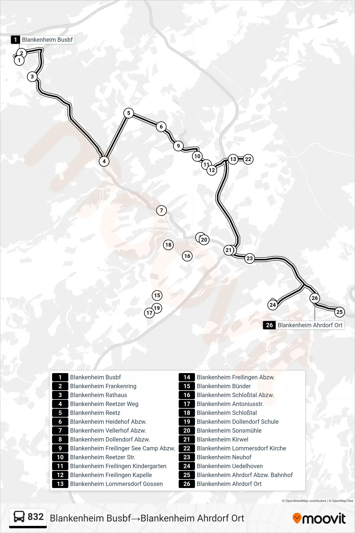 Linie 832 (Bus) Richtung Blankenheim Busbf→Blankenheim Ahrdorf Ort: Route und Haltestellen auf der Karte