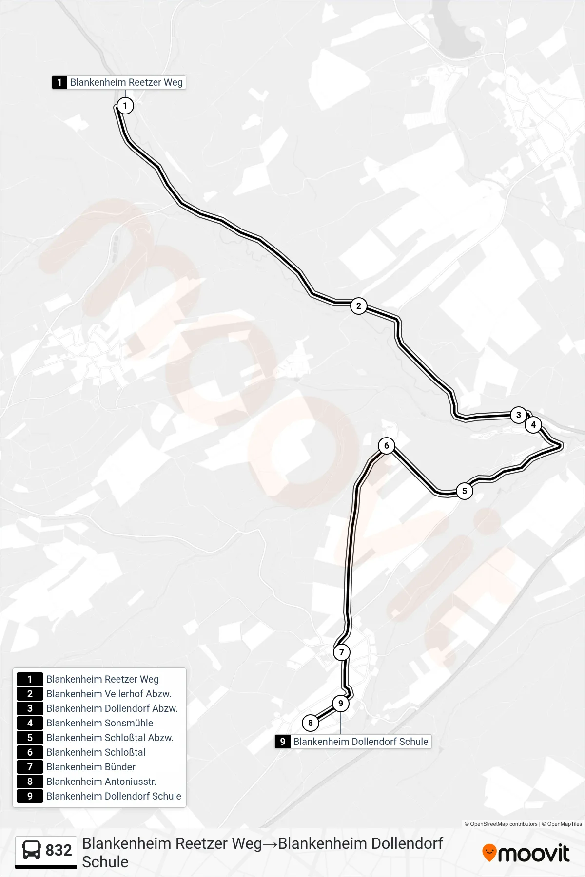 832 bus Line (Blankenheim Reetzer Weg‎→Blankenheim Dollendorf Schule) route and stops on a map