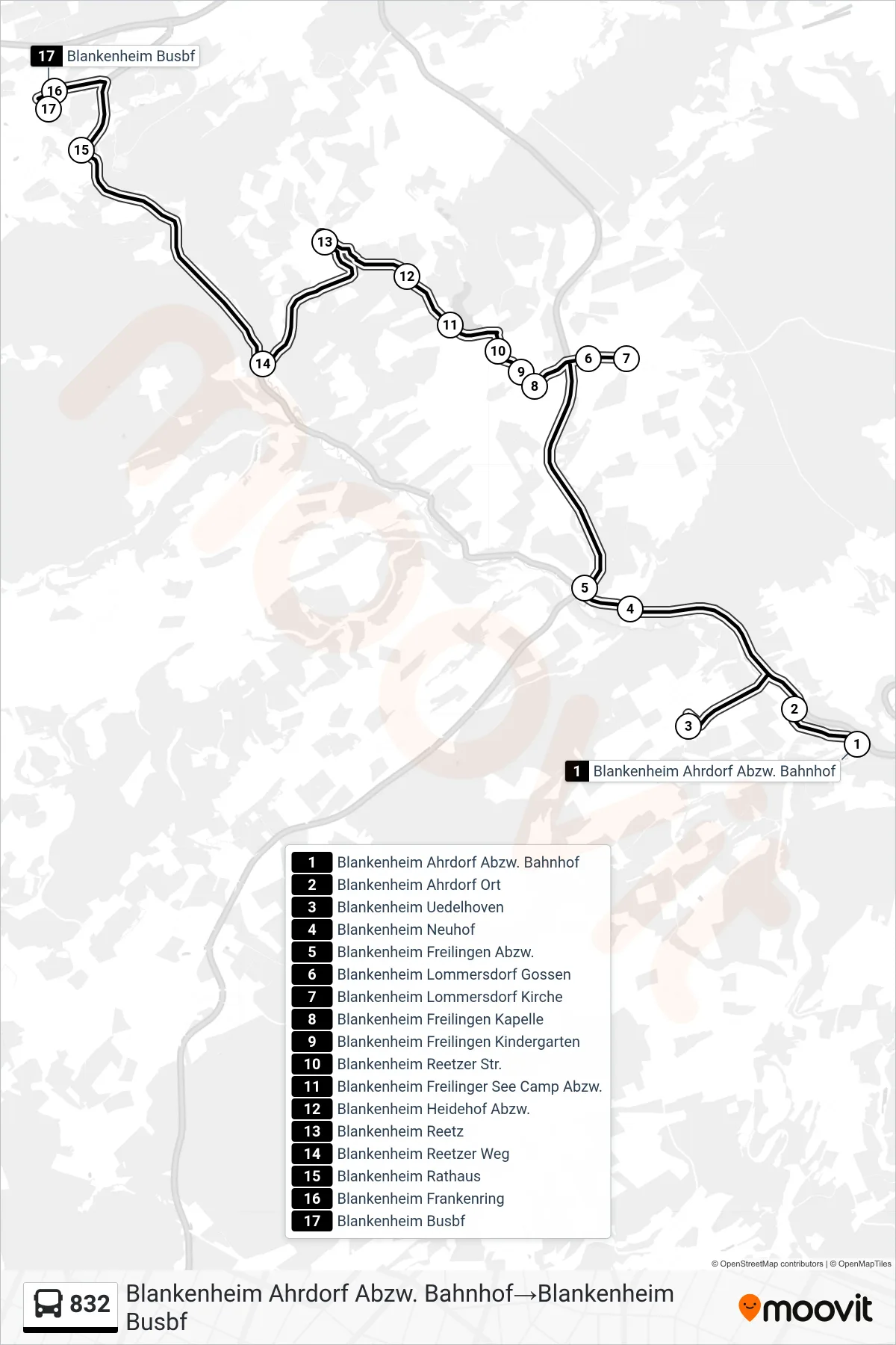 Linie 832 (Bus) Richtung Blankenheim Ahrdorf Abzw. Bahnhof→Blankenheim Busbf: Route und Haltestellen auf der Karte