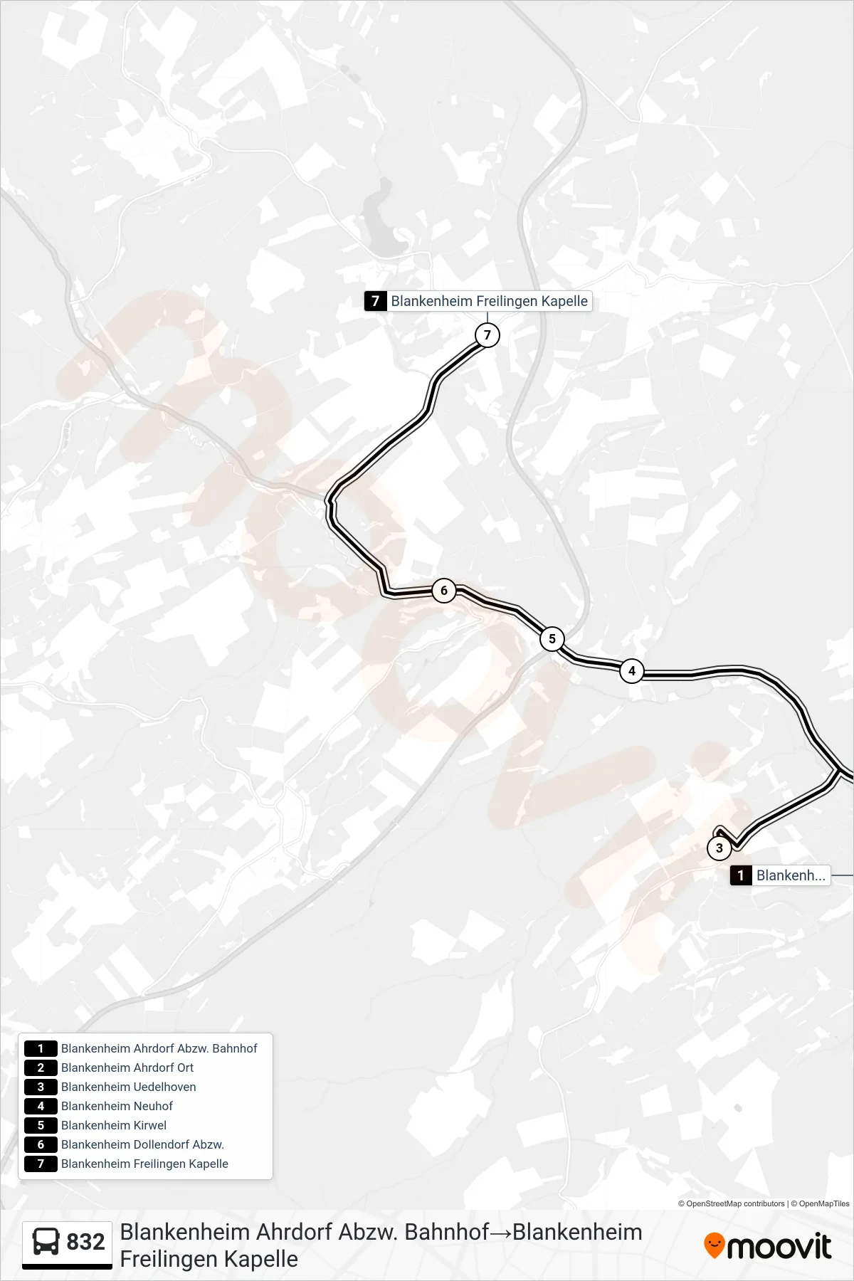832 bus Line (Blankenheim Ahrdorf Abzw. Bahnhof‎→Blankenheim Freilingen Kapelle) route and stops on a map