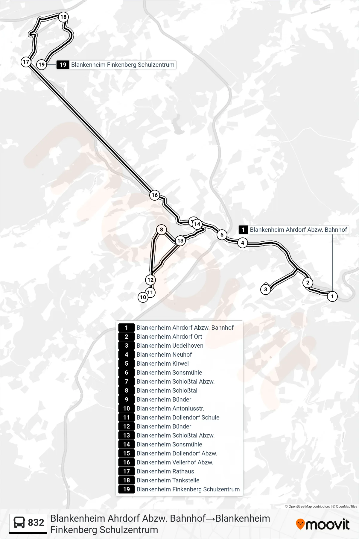 Linie 832 (Bus) Richtung Blankenheim Ahrdorf Abzw. Bahnhof‎→Blankenheim Finkenberg Schulzentrum: Route und Haltestellen auf der Karte