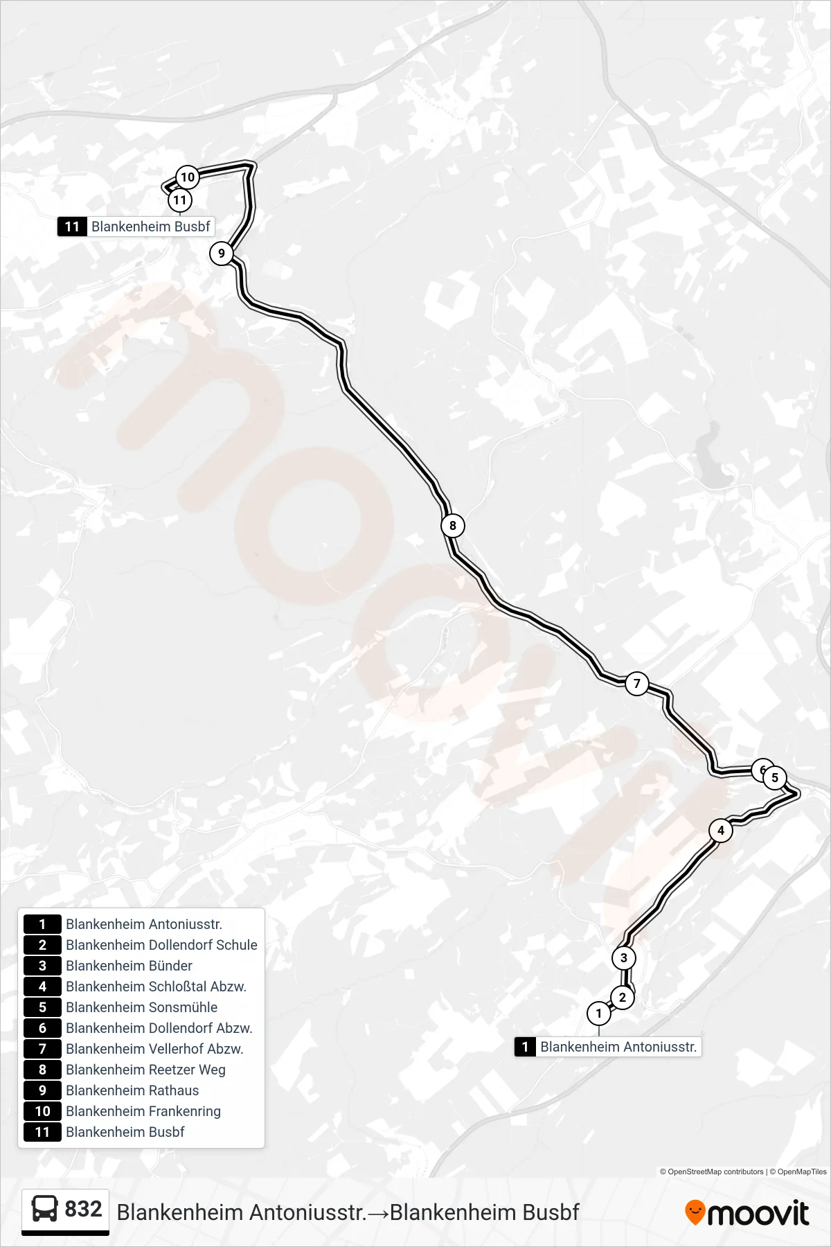 Linie 832 (Bus) Richtung Blankenheim Antoniusstr.‎→Blankenheim Busbf: Route und Haltestellen auf der Karte