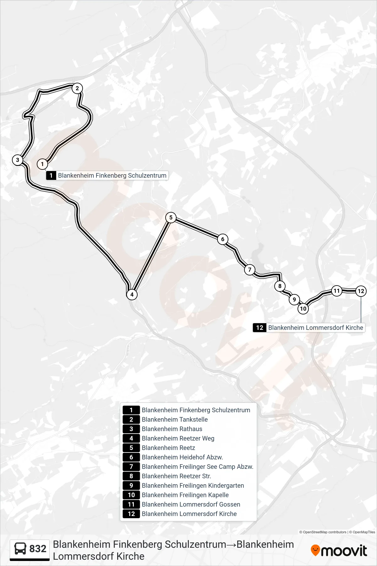Linie 832 (Bus) Richtung Blankenheim Finkenberg Schulzentrum→Blankenheim Lommersdorf Kirche: Route und Haltestellen auf der Karte