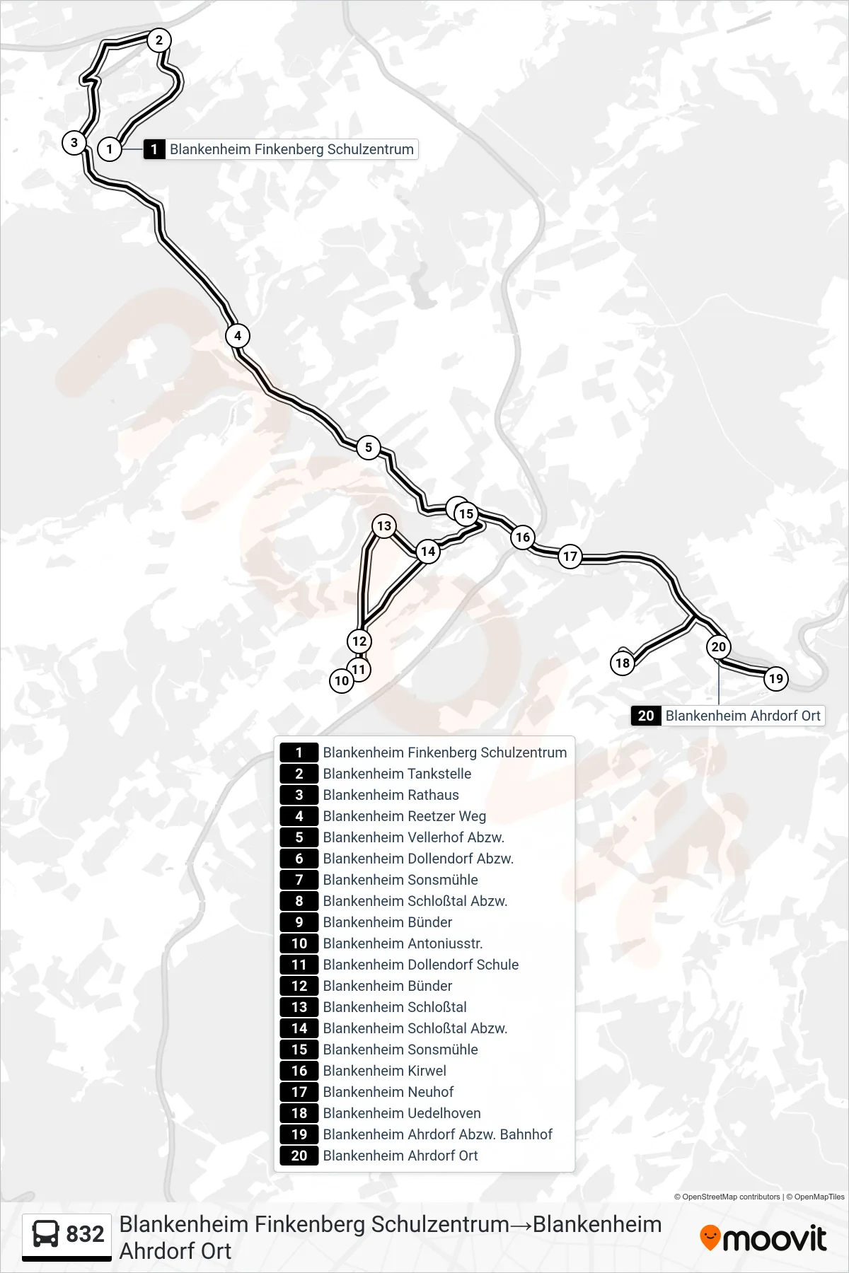 Linie 832 (Bus) Richtung Blankenheim Finkenberg Schulzentrum→Blankenheim Ahrdorf Ort: Route und Haltestellen auf der Karte